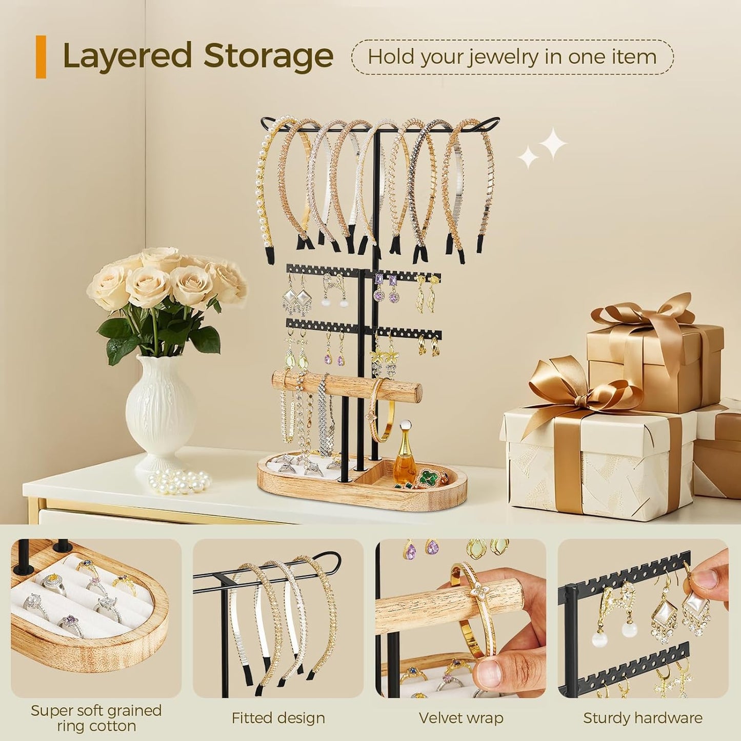 3 Tiers Jewelry Organizer, Earring Holder Organizer with 80 Holes, T-Bar Beige Velvet Bracelet Holder for HeadBands, Earrings, Bracelets, Rings Jewelry Holder Organizer (Rustic Brown)