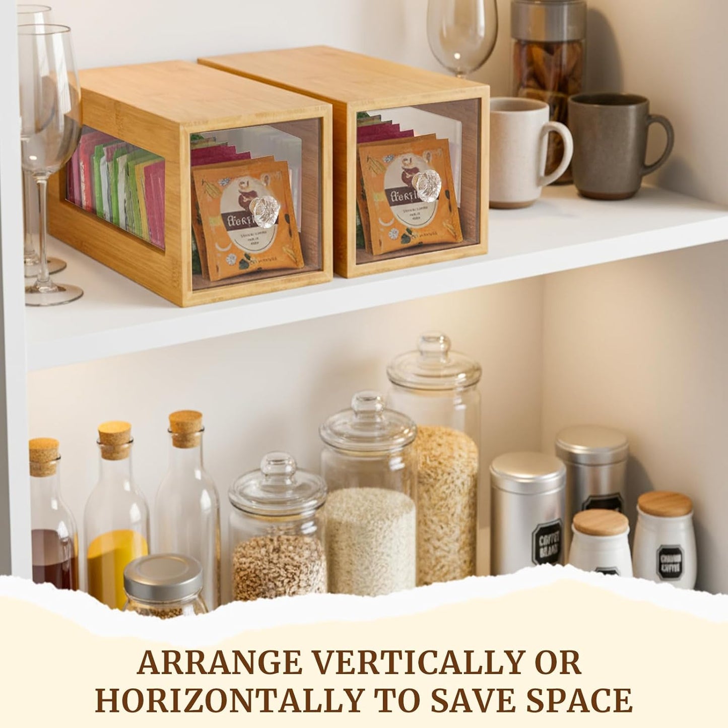 2 Pcs Bamboo Tea Bag Organizer Drawer Stackable Tea Bag Holder and Organizers, Wooden Storage Containers with Acrylic Drawer, Well-Organized for Office Kitchen Countertop Cabinet Pantry