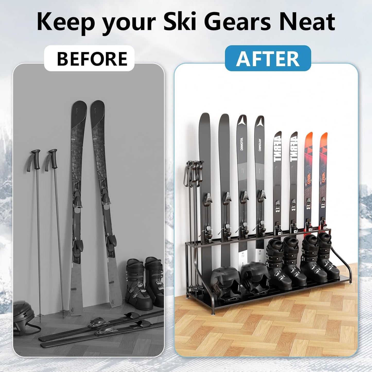 Ski Storage Rack-Holder Garage - Freestanding Ski Equipment Organizer Ski Boot Snowboard Rack Stand Snow Gear Storage