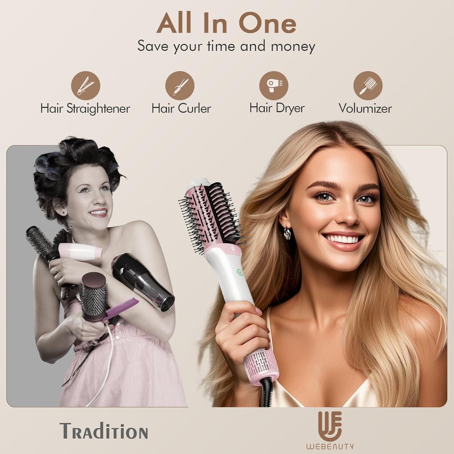 2-in-1 Blow Dryer Brush & Hair Straightener, Ionic & Ceramic Thermal Brush with Adjustable Heat & Cool Shot, 110000 RPM Motor High-Speed Motor for Frizz-Free, Smooth & Voluminous Hair, White with Comb