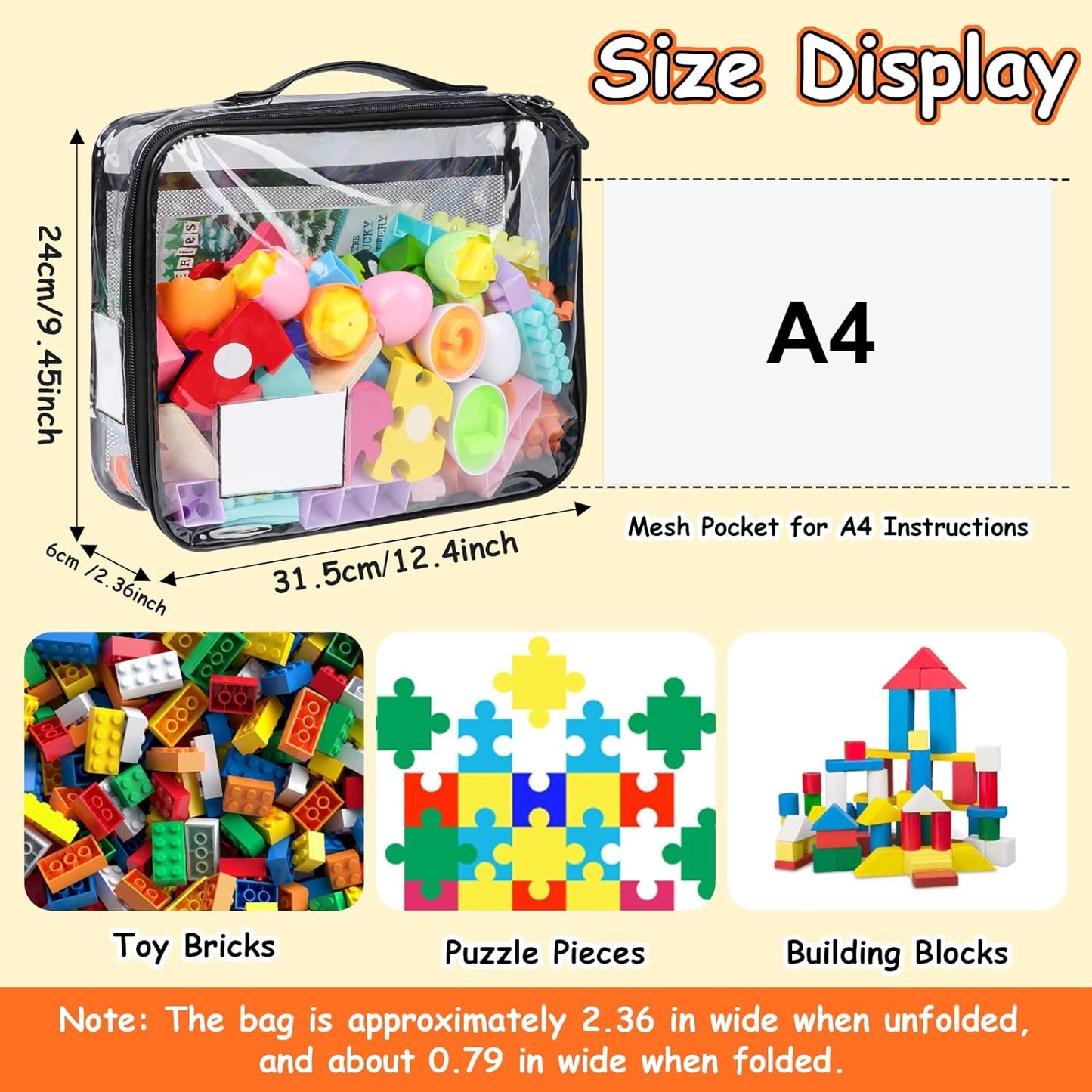 4 Pack Toy Storage Organizer Bag for Lego Bricks, Clear PVC Zippered Block Set with Manual Pocket& Name Tag, Waterproof Toy Carrying Case for Board Game, Building Blocks& Puzzles (Large, Black)