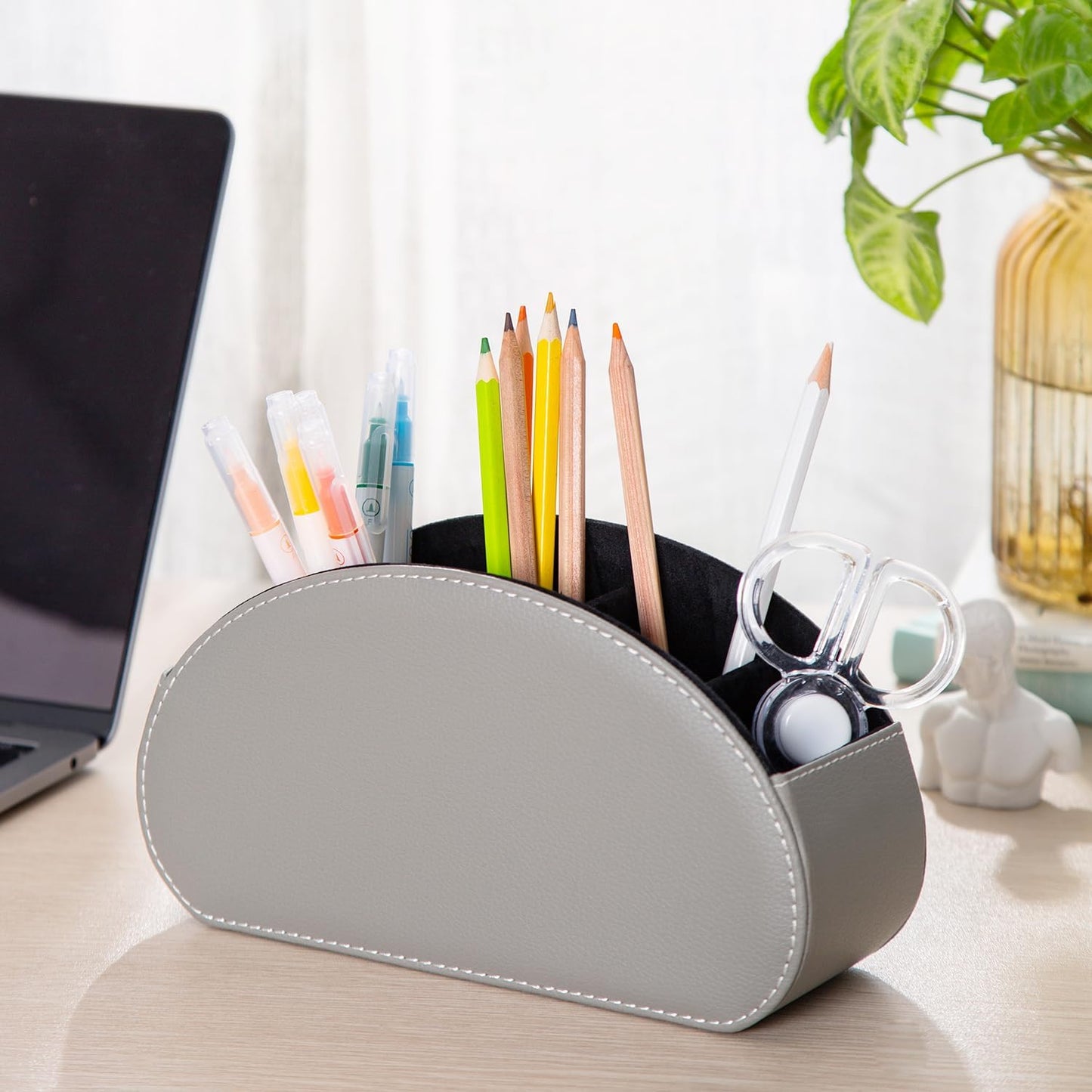 BONNY DODO Remote Control Holders Organizer Box with 5 Compartment PU Leather Multi-functional Office Desk Storage Caddy Store Tv Remote for Media Player,Brush,Pencil,Glassees&Office Supplies (Gray)
