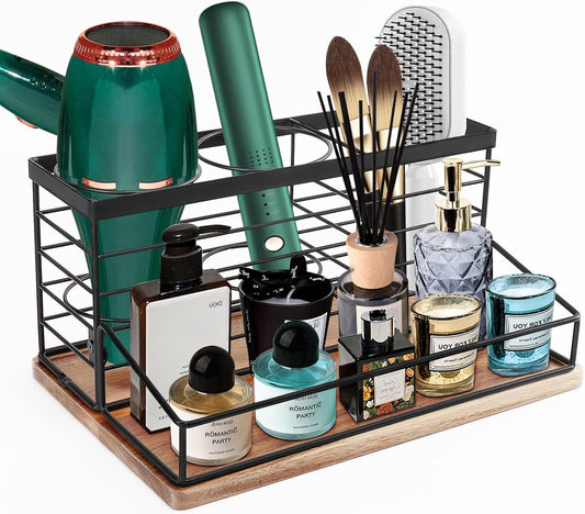 Hair Tool Organizer, Movable Hair Dryer Holder, Hair Styling Tools Storage for Vanity, Bath Counter Organizer, Bathroom Trays for Hair Toiletry, Makeup (12" x 7.7" x 5.8", Wood-Black)