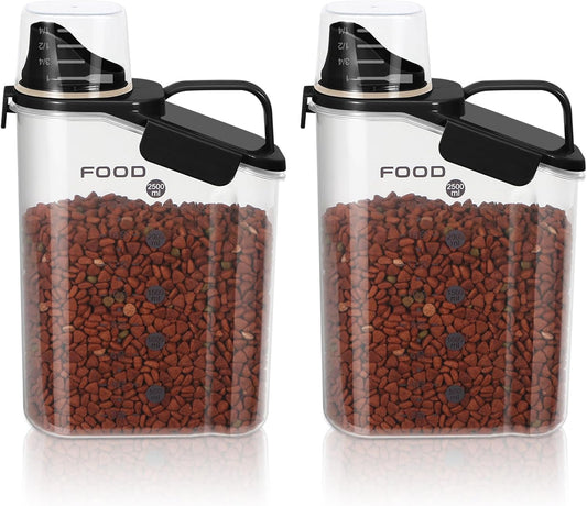 3-5LBS Airtight Pet Food Storage Containers PBA-free, With Large Nozzle/Measuring Cup/ 4 Press Buckle for Dogs, Cats, Birds, Chicken Lndoor and Outdoor Use -Black 2-pack