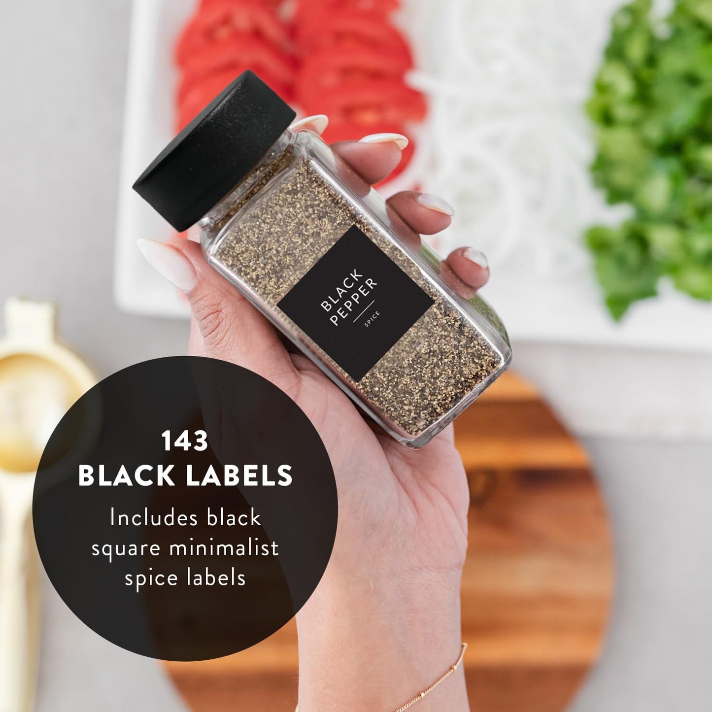 SAVVY & SORTED Glass Spice Jars with Label 24 PK - 4 Oz Spice Containers with 374 Minimalist Labels Stickers, Pepper Grinder Funnel Shaker Lids, Empty Square Seasoning Rack Organizer