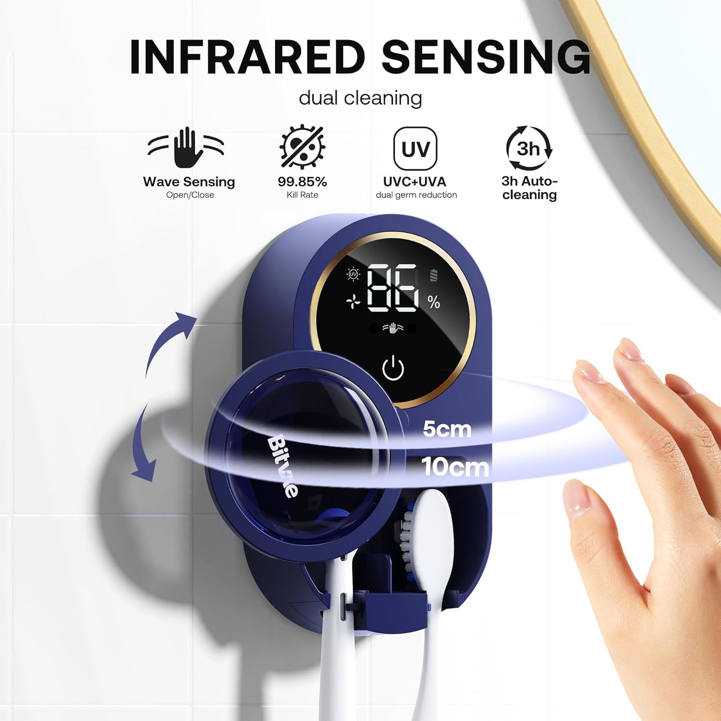 Bitvae Upgraded Tooth Brush Holder for Bathroom 2.0, Infrared Sensing Toothbrush Cleaner, Wall-Mounted for Most Size Toothbrushes, Air Drying, LED Smart Screen, Navy Blue