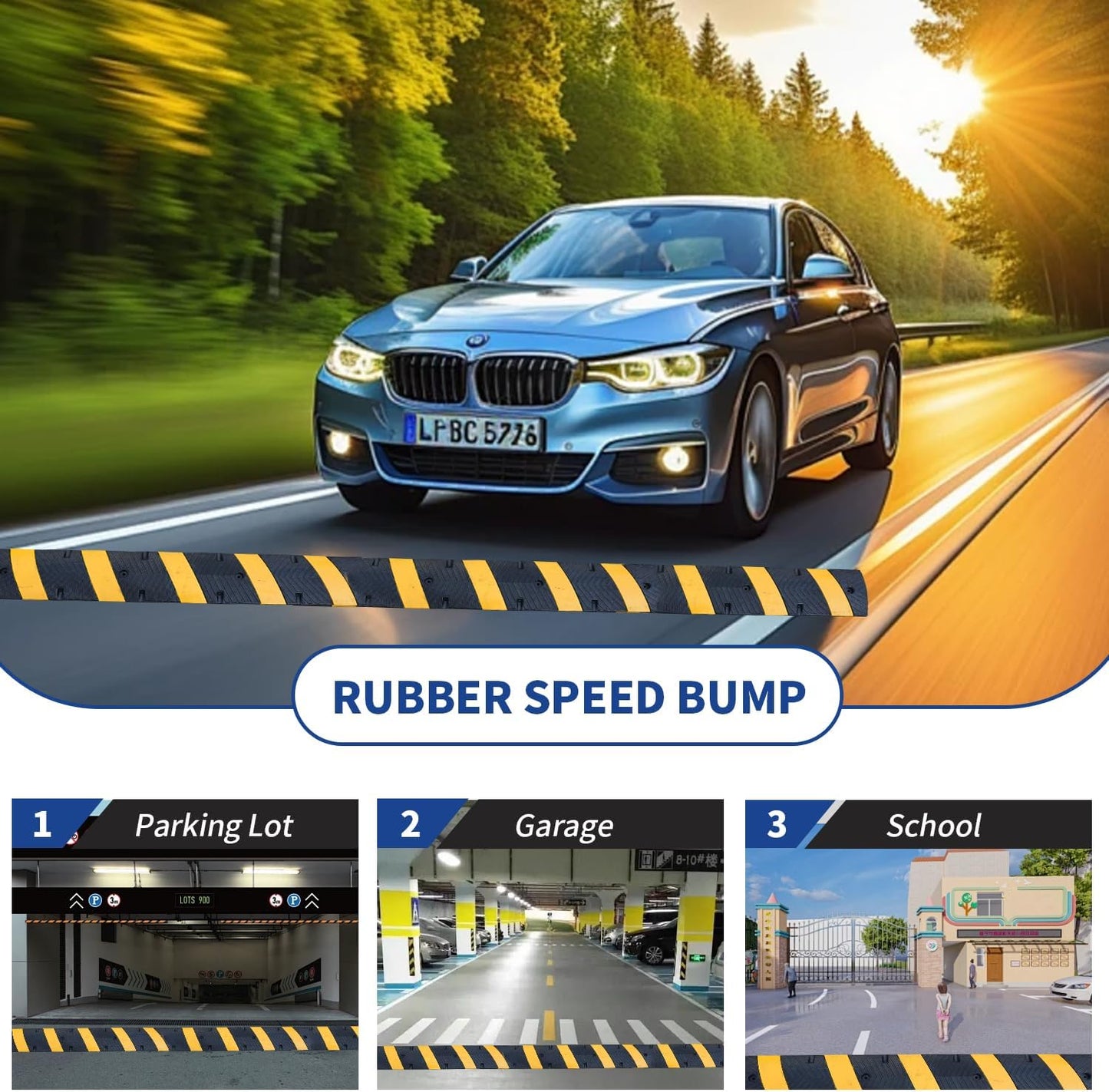 BESEA 6FEET Heavy Duty Rubber Speed Bump, 72" x 12" x 2" Heavy Duty Speed Bump Cable Protector Ramp for Driveway, Road Parking, Garage, Parking Lot, Warehouse