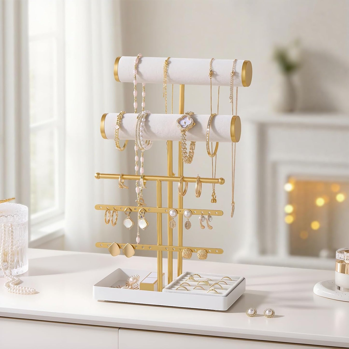 Lolalet Bracelet Display Stand Necklaces Holder, 5 Tiers Jewelry Organizer and Storage Rack with Velvet Slot and Metal Base, for Women Bangles Watches Ring Earrings -White
