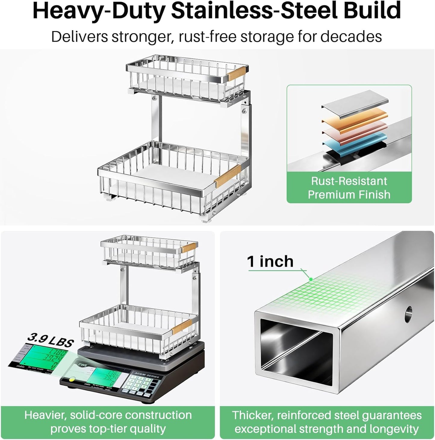 Under Sink Organizer, Stainless Steel 1-Pack 2 Tier Under Sink Organizers and Storage, Slide out Pull out Cabinet Shelf, Sliding Drawer for Kitchen Bathroom Pantry Cabinet Closet Organization Rack