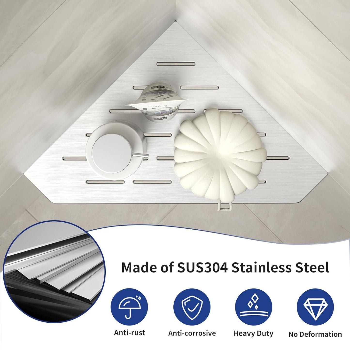 Corner Shower Shelf 10" Brushed 304 Stainless Steel Pentagonal Heavy Duty Floating Corner Sheves Slot Design Recessed Bathroom Shelf for Tiled Wall 2 Pack, No Drilling Needed