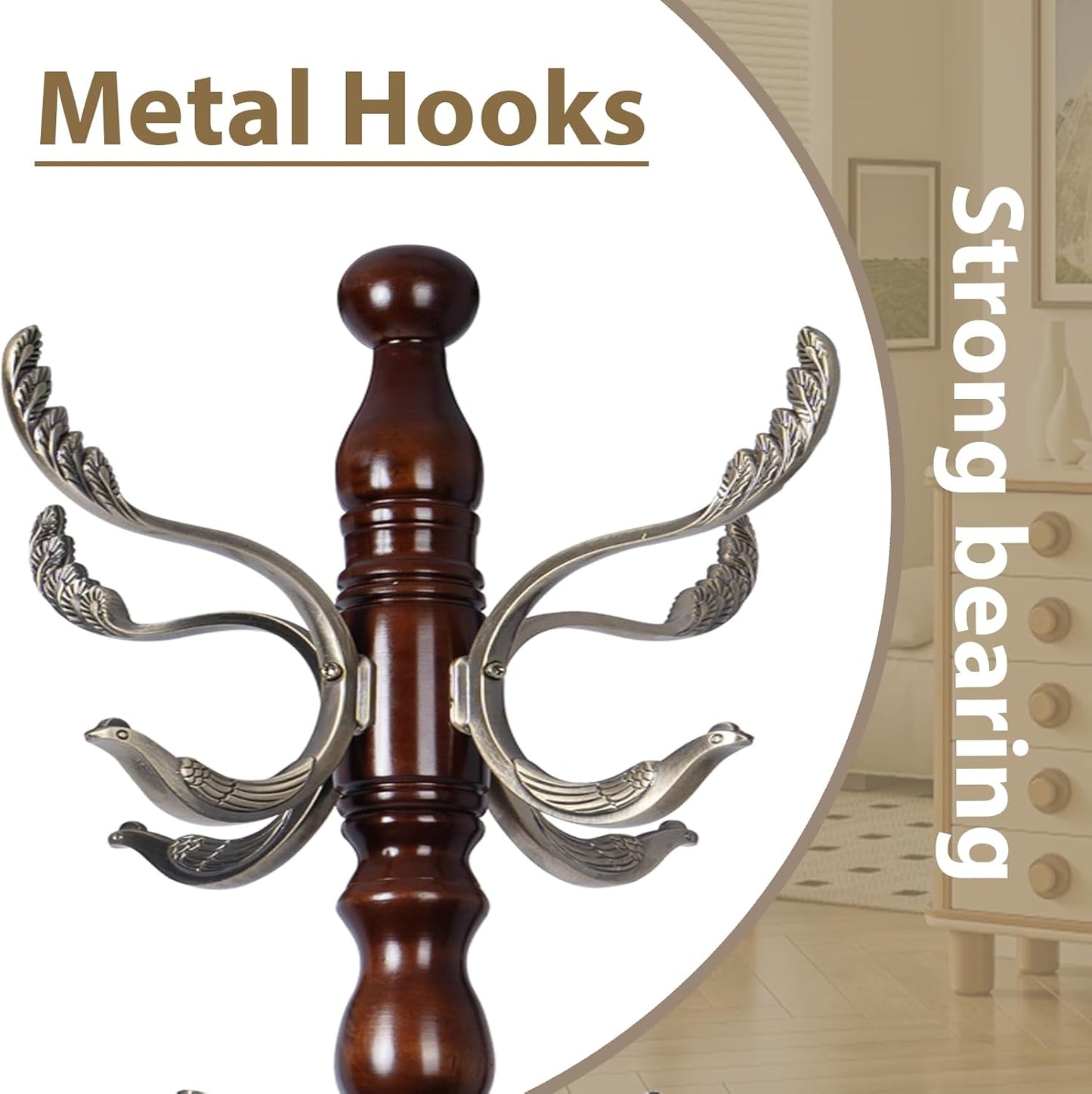 Solid Wooden Coat Rack Stand, Coat Racks Freestanding with 14 Hooks, Natural Birch Wood Coat stands with Sturdy Round Base, Tree Coat Hanger Standing for Entryway Bedroom Office (Metal Hook)