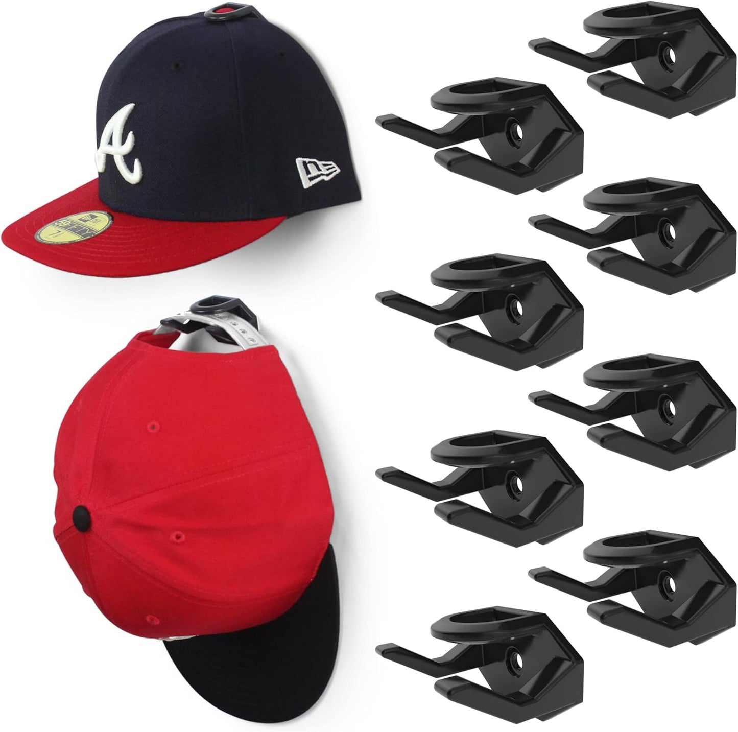 Modern JP Adhesive Hat Hooks for Wall (8-Pack) - Hat Rack for Baseball Caps, Minimalist Hat Display, Strong Hold Hat Hangers for Wall - USA Patented, Black