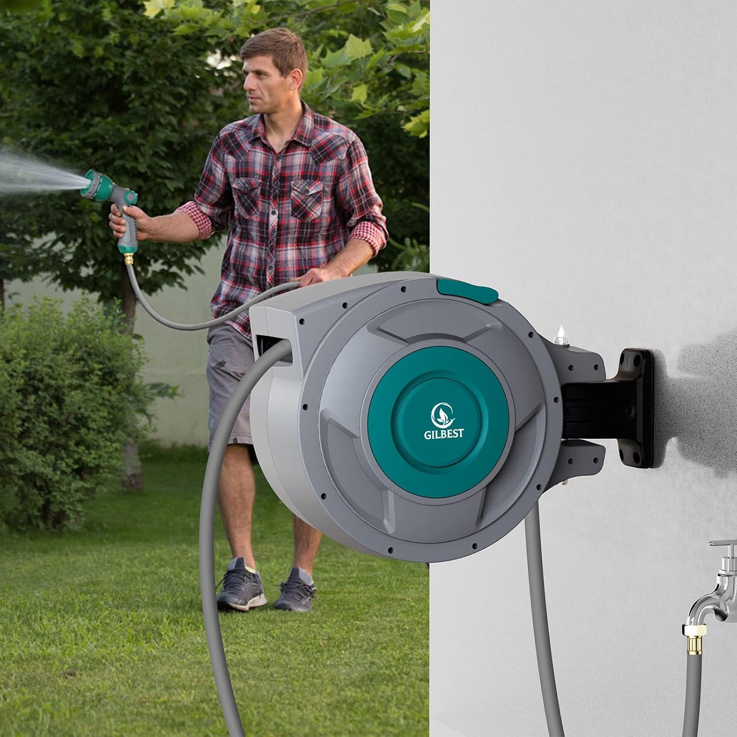 65 ft x 1/2" Retractable Garden Hose Reel, Heavy Duty Water Hose Reel Wall Mounted, Any Length Lock, 180°Swivel, Water Hose with 10-Function Nozzle for Cleaning, Watering (Green)