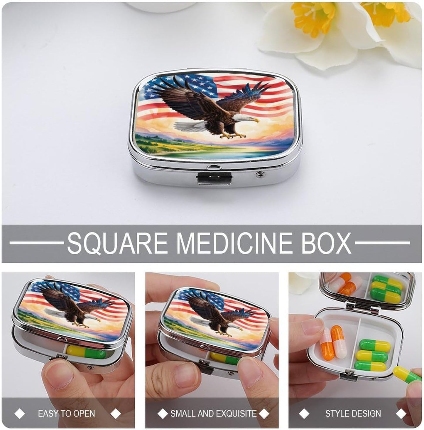Custom Metal Pill Organizer, Personalization Pill Box with Photo Text Name, 2-Compartment Push-Button Case for Daily Vitamins & Travel