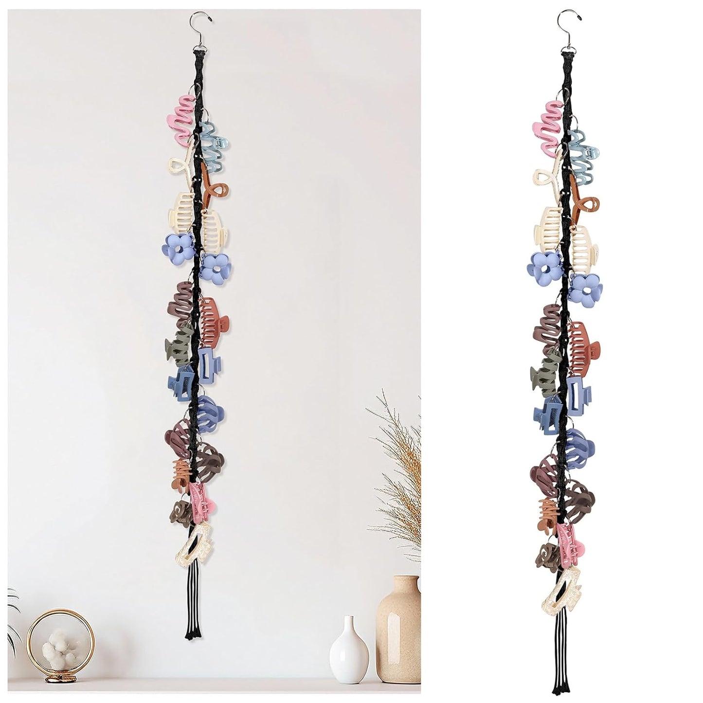 SNOWSTAR Macrame Hair Claw Clip Organizer with Rotating Hook and 20 Metal Rings,Hanging Hair Clip Holder and Storage for Women Girls,Claw Clips Hanger Home Decor for Wall,Door,Closet (Black1PCS)