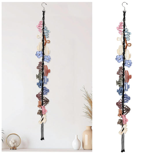 SNOWSTAR Macrame Hair Claw Clip Organizer with Rotating Hook and 20 Metal Rings,Hanging Hair Clip Holder and Storage for Women Girls,Claw Clips Hanger Home Decor for Wall,Door,Closet (Black1PCS)