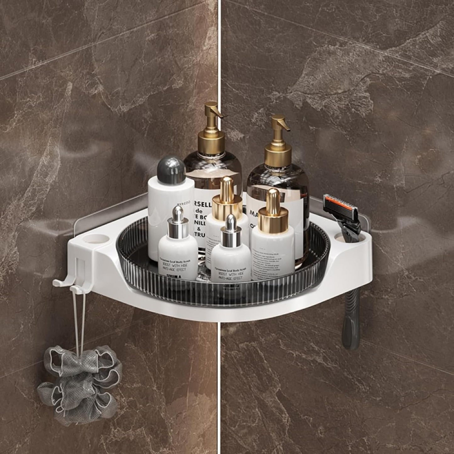 360 Rotating Makeup Organizer Spinning Bathroom Organizer 1 Pack Corner Storage Organizer with Hooks for Perfume Lotion Skincare Organizer Countertop Kitchen Storage(Smoky Grey)
