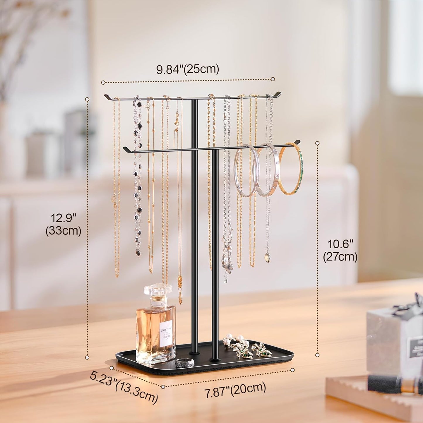 pickpiff Necklace Holder Jewelry Organizer Stand – 2‑Tier T‑Bar Jewelry Display Tree with Tray for Countertop Necklace Bracelet Earring Storage, Vanity Dresser Bathroom Sink, Black