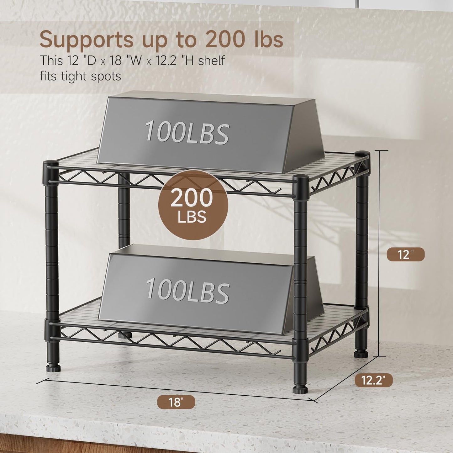 Small 2 Tier Shelves Storage Wire Shelving Unit Metal Shelf Adjustable Organizers Storage Shelving with Wheels for Bathroom Laundry Room Kitchen Pantry12”D x 18”W x 12.2”H Black