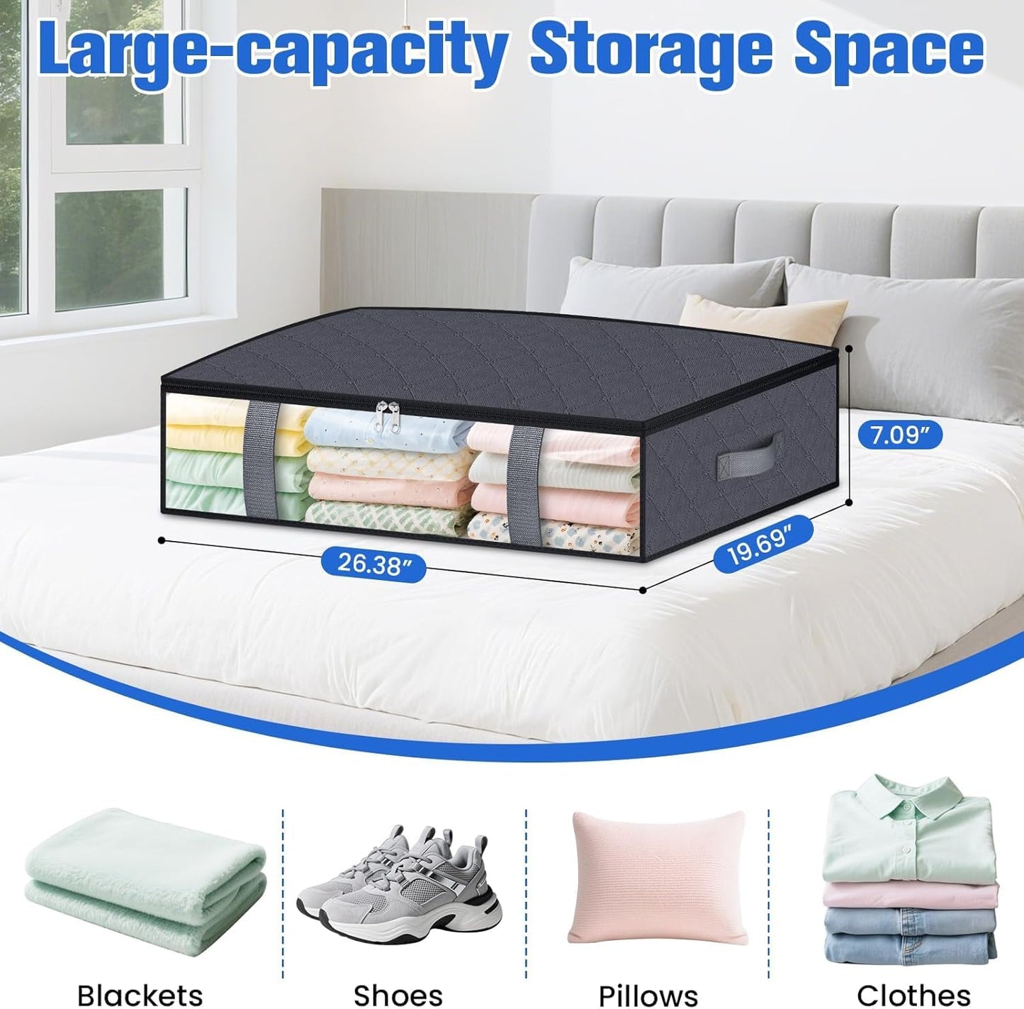 Under Bed Storage Containers, 6 Pack Blanket Storage Bags, Collapsible Storage Bags with Big Zippers, Clear Front, Shoe Storage and Organization for Clothes, Comforter, 60L, Grey