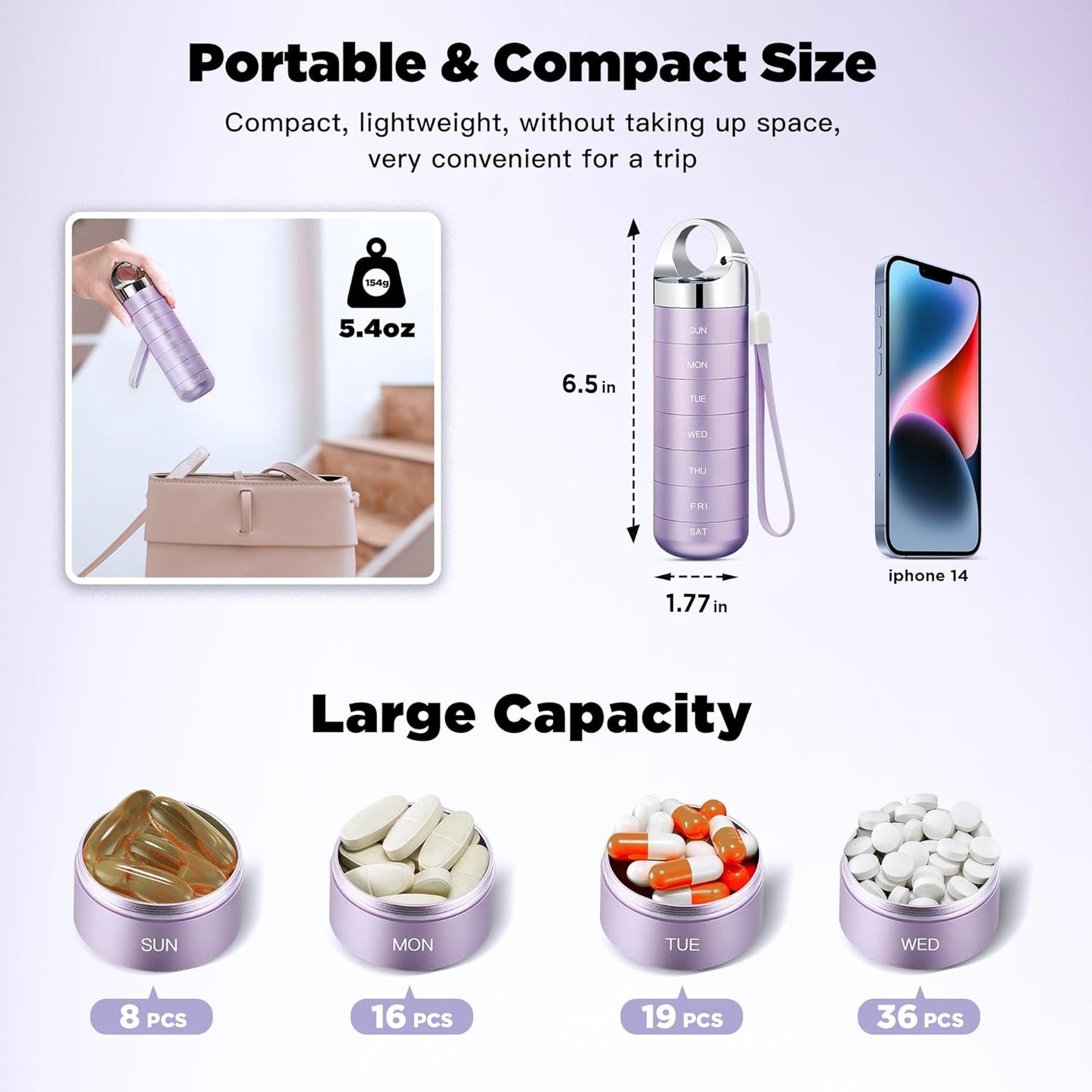 Zannaki Metal Travel Pill Organizer, Portable Waterproof Weekly Pill Box, Large Aluminum Alloy Pill Case Container, BPA Free 7 Day Daily Medicine Organizer Holder for Vitamin, Fish Oil, Supplement