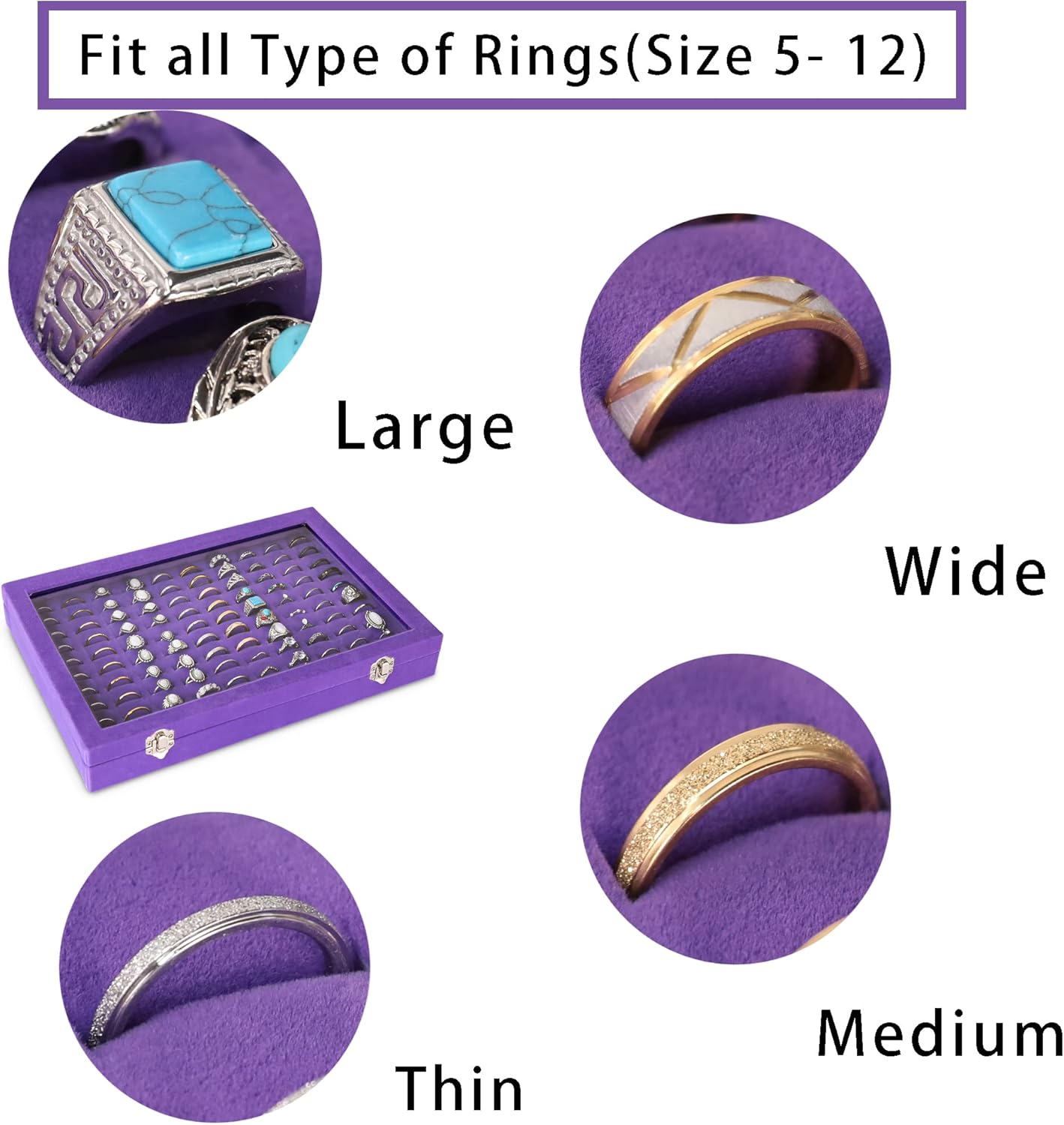 Frebeauty Ring Organizer Tray 100 Slots Ring Holder with Clear Lid Velvet Storage Box Jewelry Tray for Jewelry Store Earring Display Case for Jewelry Show Studs Box for Women(Purple)