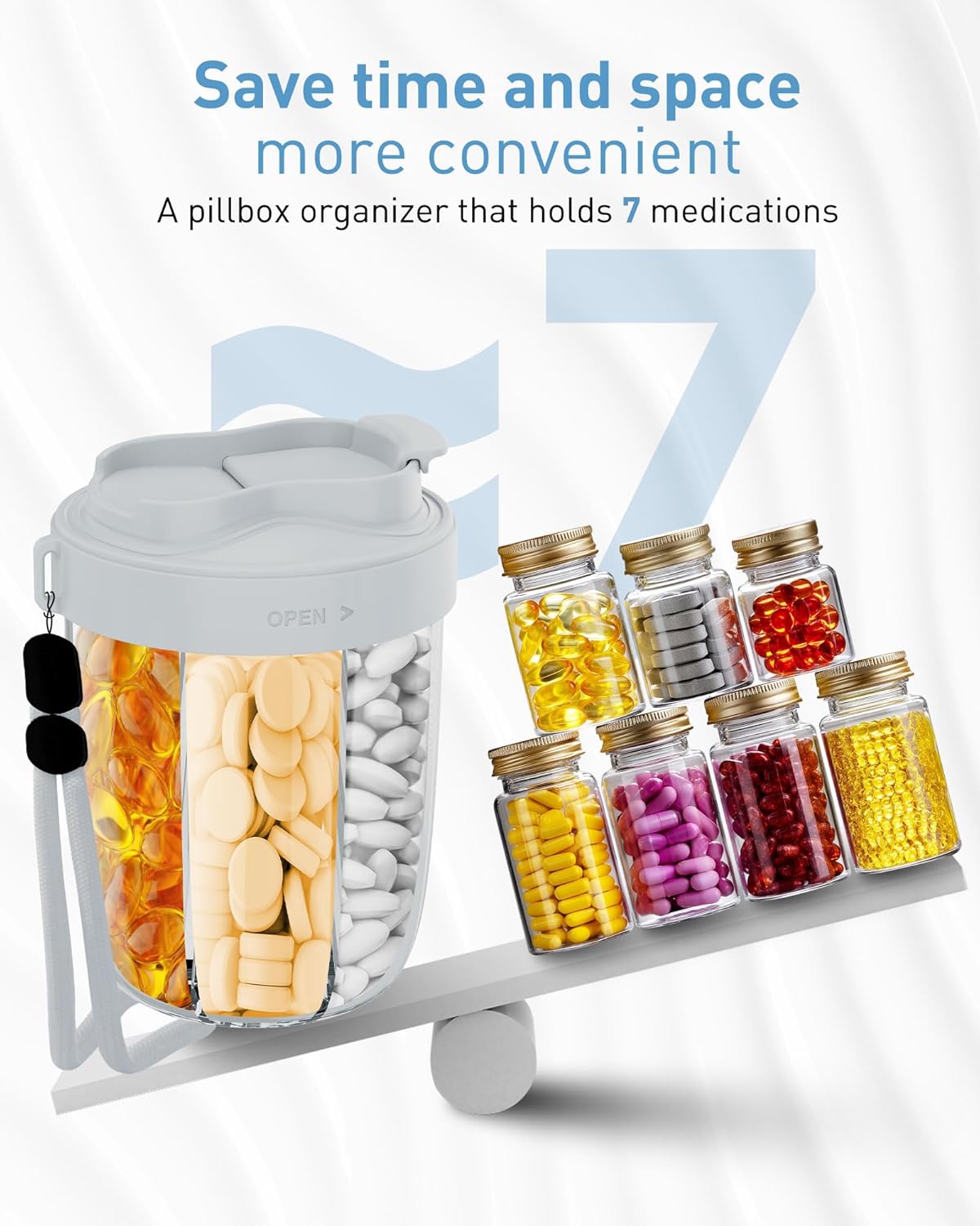 Large Pill Organizer,Supplement Organizer for 7 Different Vitamins,Pill Dispenser with Anti-Mixing Design,Easy to Retrieve Meds,Includes 20 Pcs Labels,Travel Pill Organizer(Gray)