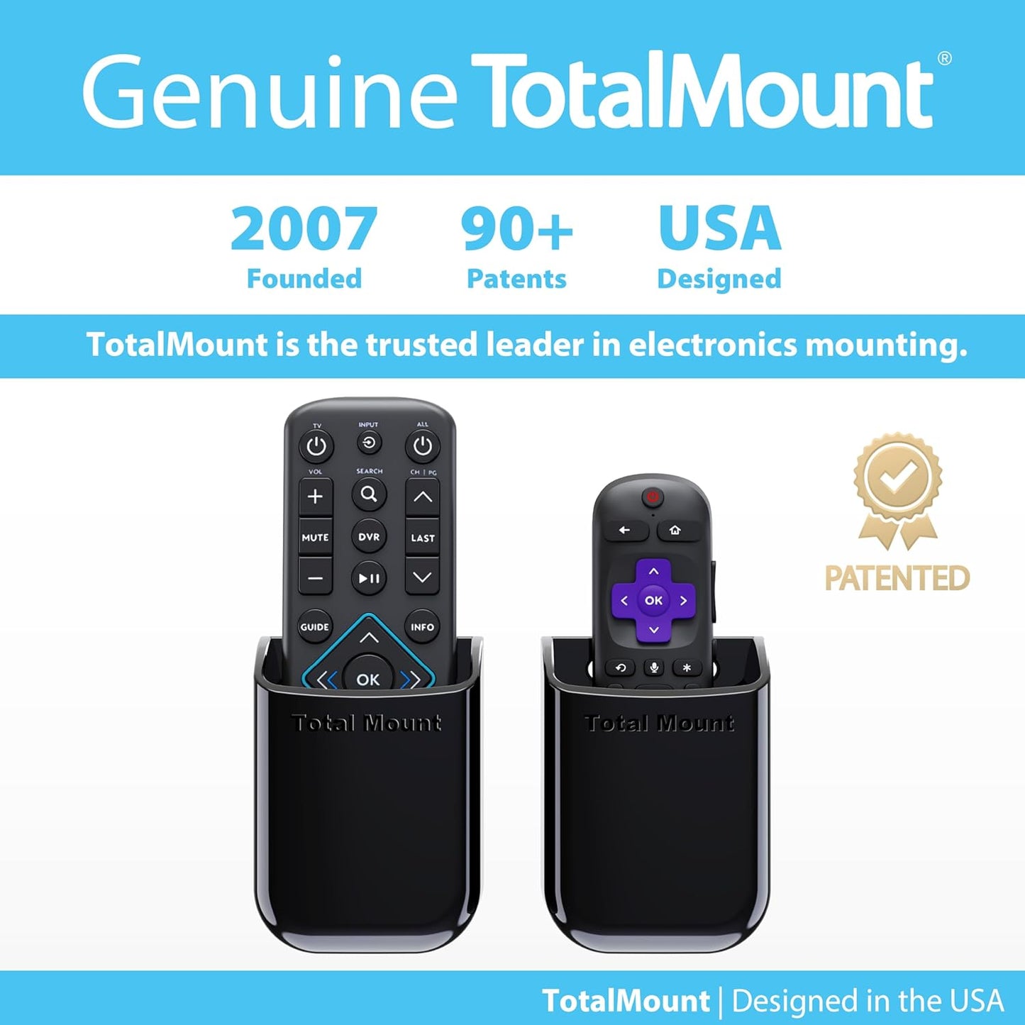 TotalMount Universal Remote Control Holders (2 Pack) – Attach to Wall or Back of TV – Compatible with All TV Remotes (Premium Black, Medium)