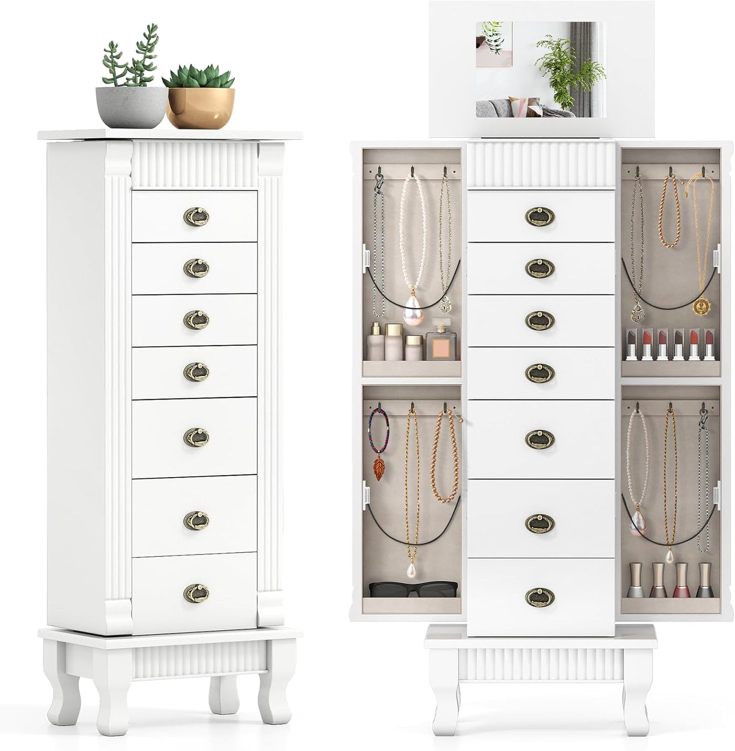 Giantex Standing Jewelry Cabinet with 7 Drawers, Flip-Top Mirror, 2 Side Doors with 12 Necklace Hooks, Divided Ring Compartments, Velvet-Lined Jewelry Armoire Organizer Chest (White)