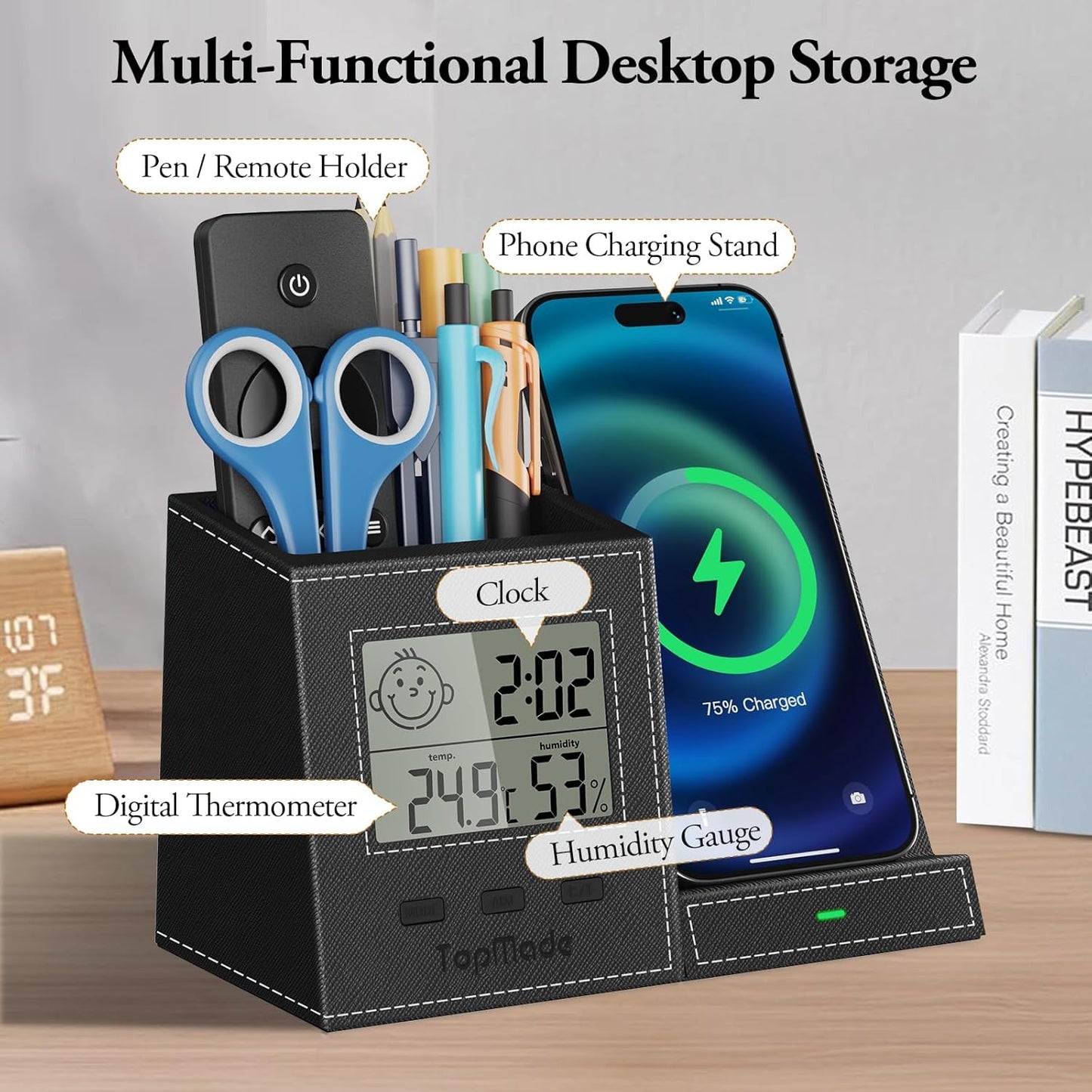 TopMade Wireless Charger with Pen Holder, Leather Desk Nightstand Organizer Home Office Supplies Pencil Holder Fast Charging Station, Digital Thermometer and Humidity Gauge Gifts for Men(Black)