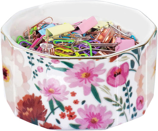 Ceramic Paper Clip Holder Gold Line Paper Clip Dispenser Organizer for Desk Cute Floral Pattern Office Binder Clip Holder Bobby Pin and Hair Clip Holder Gift for Office (White Pink)