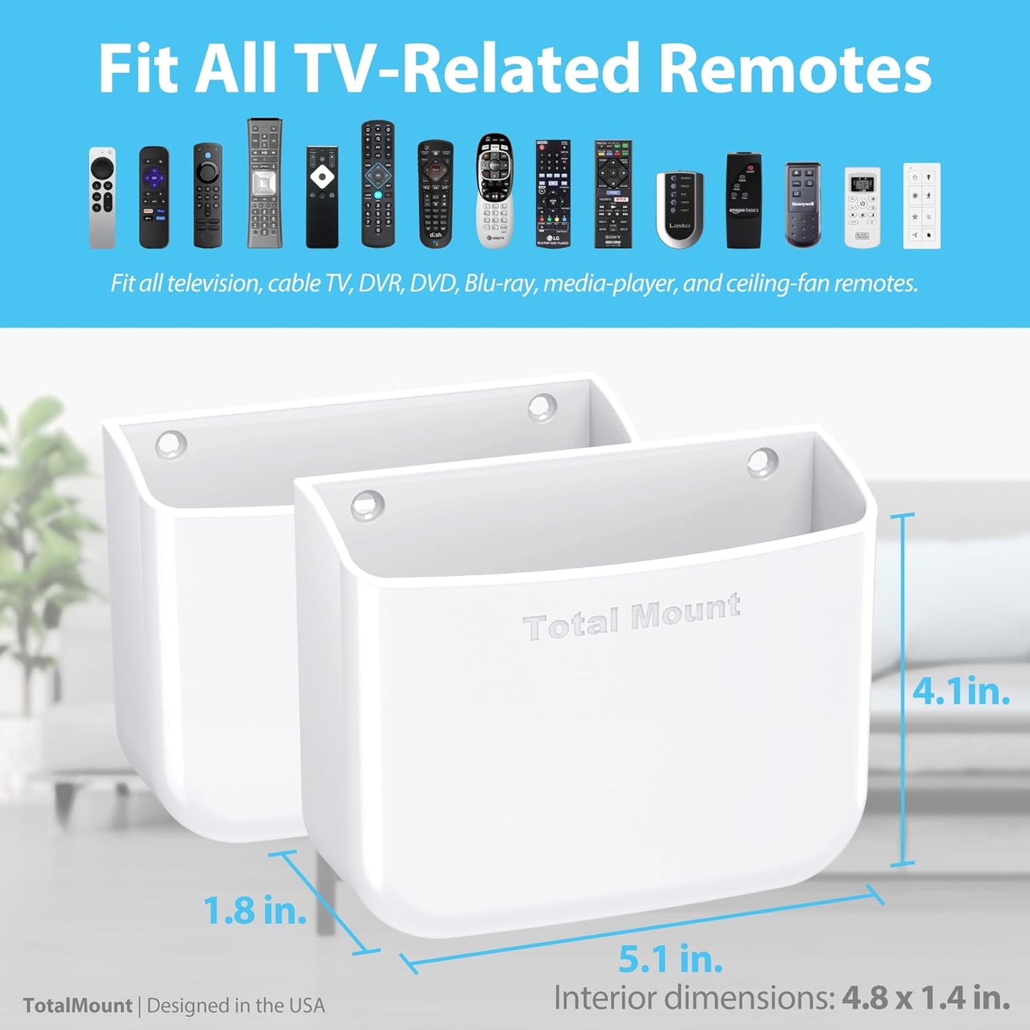 TotalMount Hole-Free Remote Holders – Eliminate Need to Drill Holes in Your Wall (for 2 or 3 Remote Controls – White – Quantity 2)