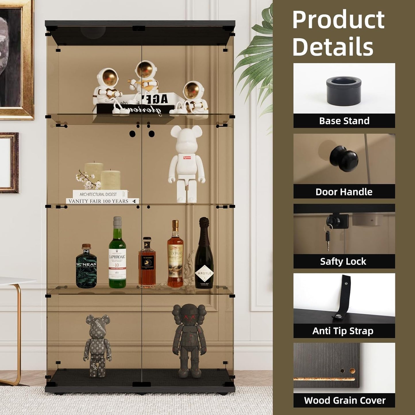 Beauty4U Glass Display Cabinet with 4 Shelves, 2 Doors Curio Cabinets for Living Room, Bedroom, Office, 5mm Brown Tempered Glass Floor Standing Bookshelf, Quick Installation