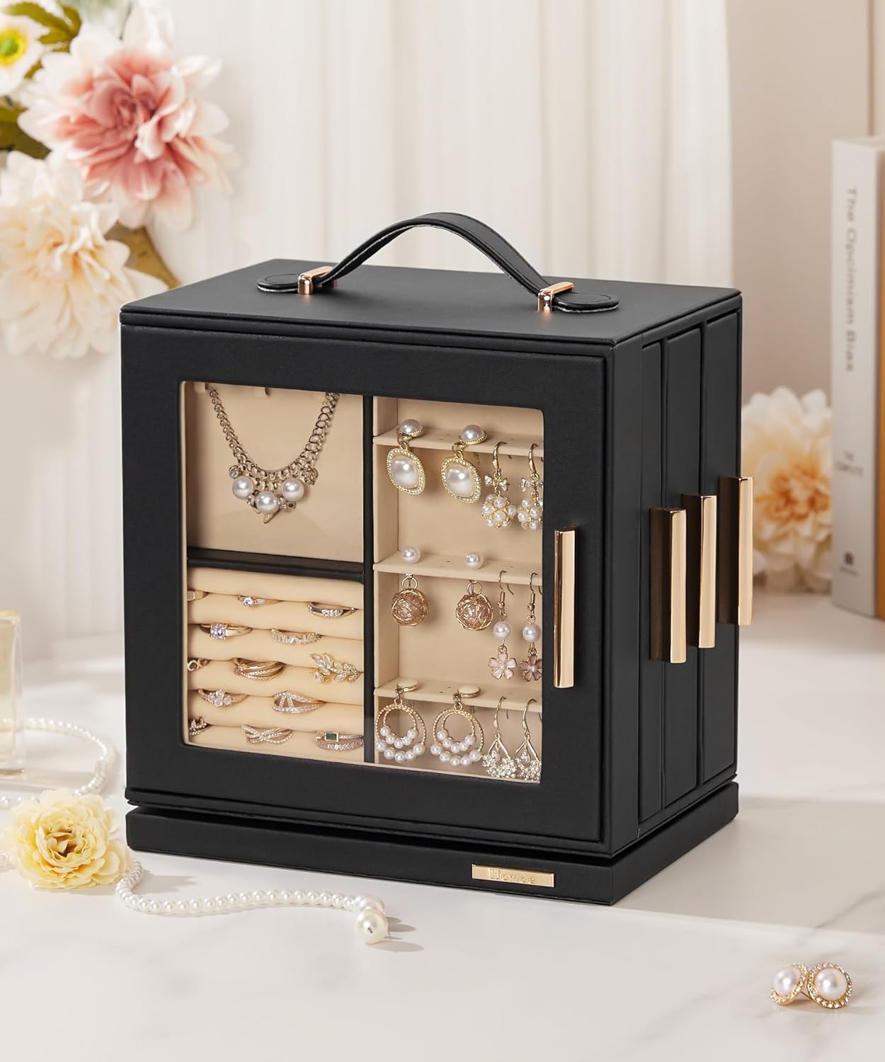 Homde Christmas Gifts Jewelry Box 360° Rotating, Necklace Earring Organizer with Transparent Window, Mirror, 7 Drawers, Large Ring Display Storage Case for Girls Women (Black)
