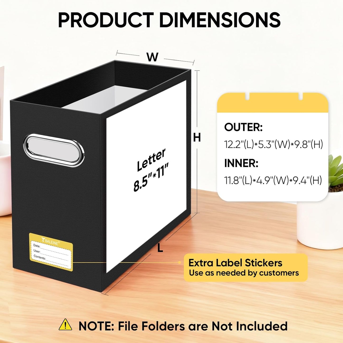 BALEINE File Organizer Box, Cardboard File Folder Organizer with Handle for Letter Size, Portable Collapsible Hanging Filing Box for Home Office Document Storage (4 Pack, Black)