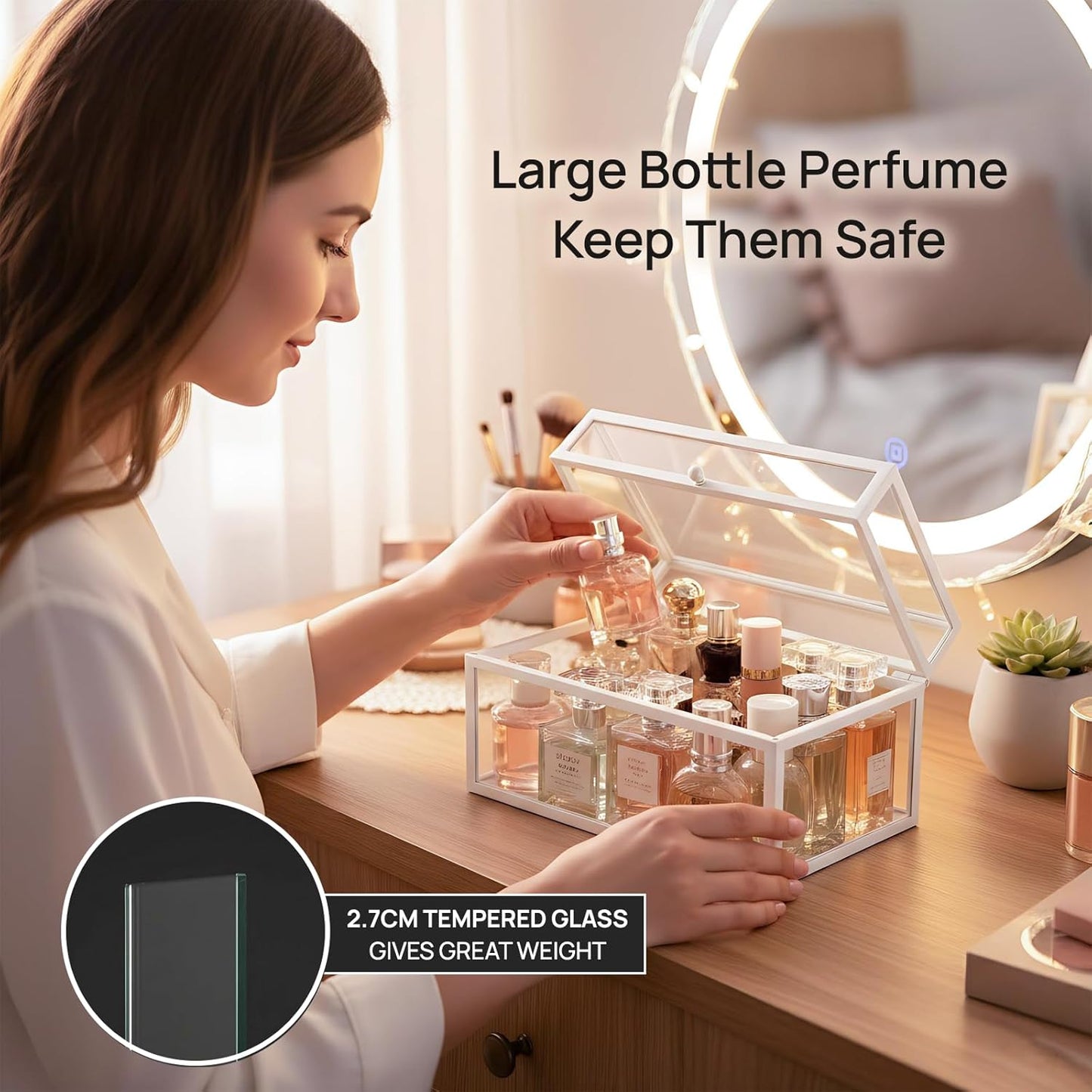 40 Lipsticks Organizer with Lid, Glass Display Box Fits Large Perfume & Skincare, Easy-Access Organiser for Vanity Countertop, Multifunctional Display Box in Any Rooms