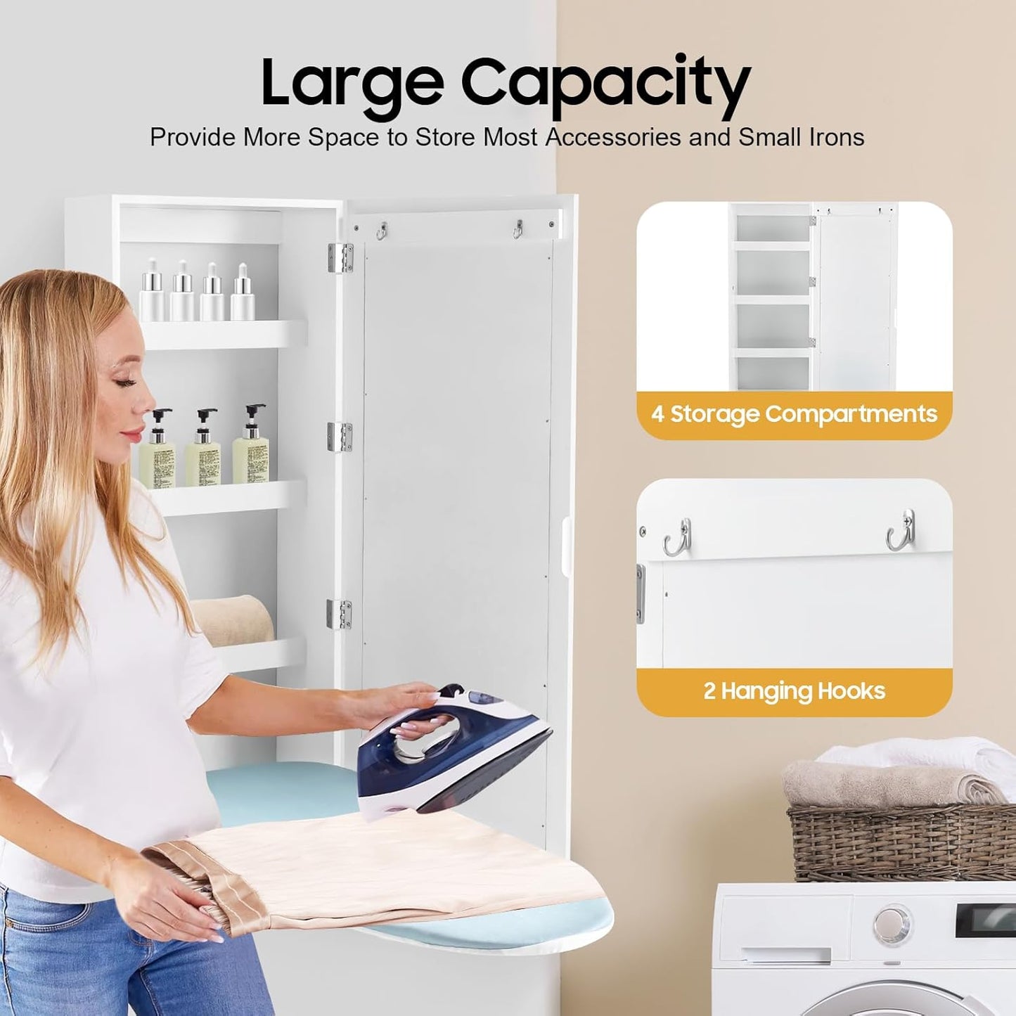 Wall-Mounted Ironing Board Cabinet with Storage Shelves & Door, Built in Foldable Ironing Board, Wall Hanging Ironing Storage Station for Bedrooms Laundry Rooms Apartments Small Spaces