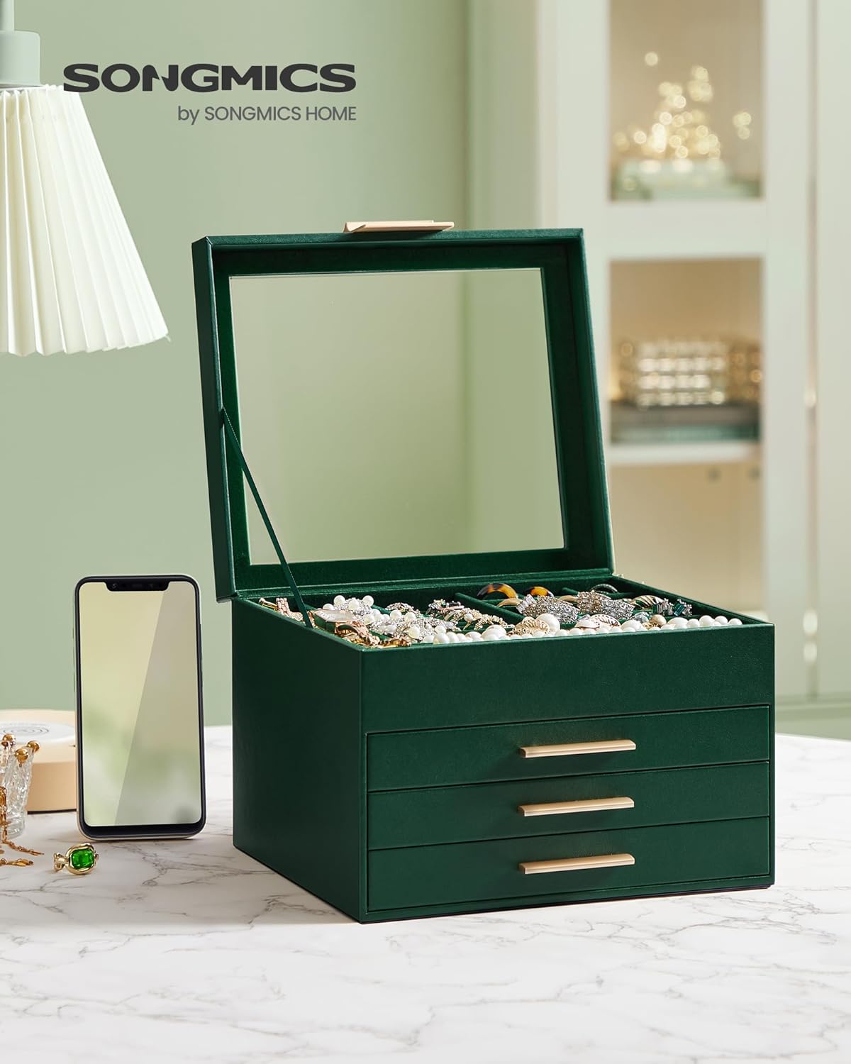 SONGMICS Jewelry Box Organizer with Glass Lid, 4-Layer Jewelry Storage, with 3 Drawers, Modern Style, Christmas Gift, 8 x 9.1 x 6.5 Inches, Forest Green and Gold Color UJBC173C01