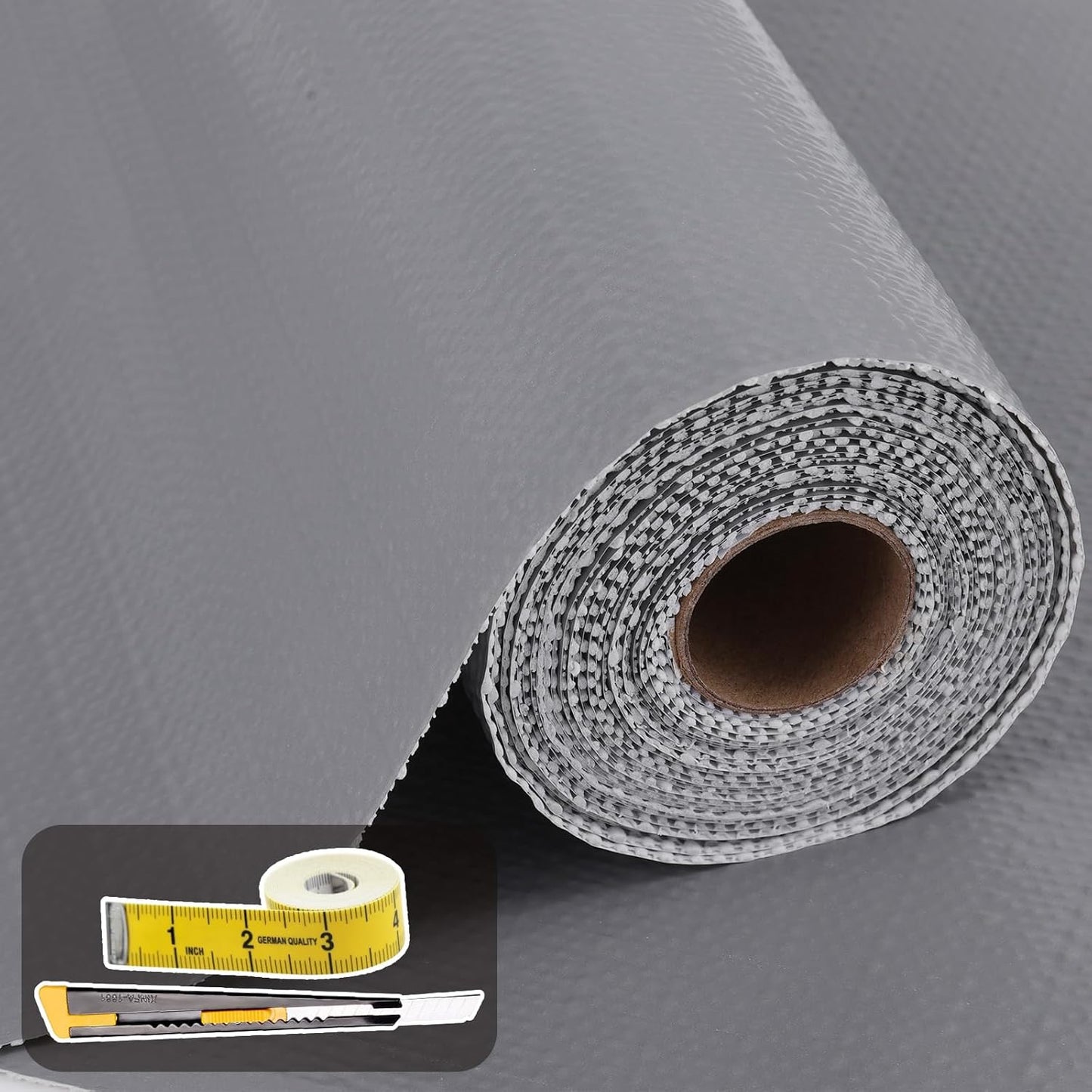 Shelf Liners for Kitchen Cabinets 12in x 10FT Non Adhesive Drawer Liner Grey Thickened Shelf Liner Paper Strong Non-Slip Easy to Clean for Tool Box Refrigerator with Knife and Tape Measure