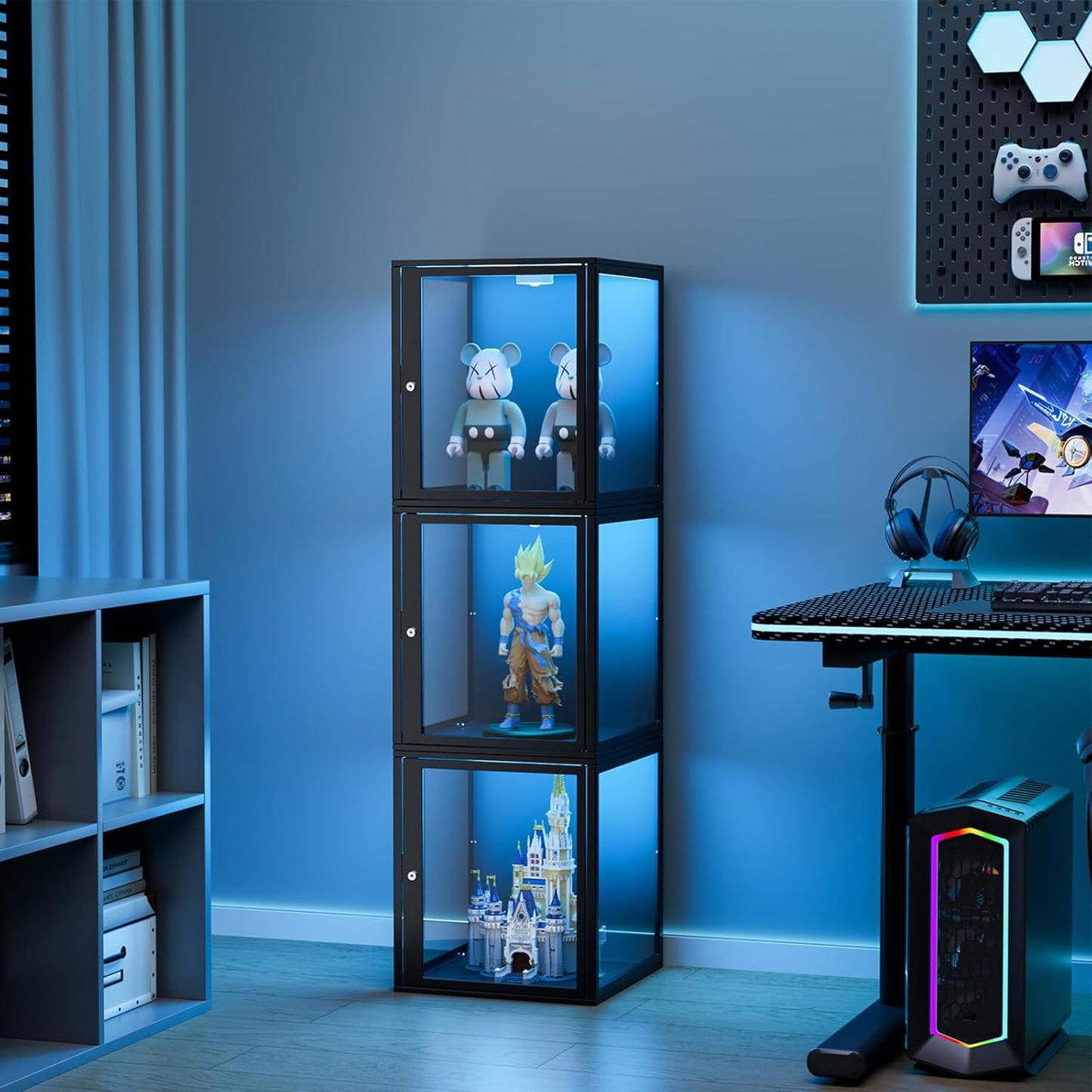 NAIZEA Display Case w/Lock, 17.7"x15.7"x15.7" LED Dustproof Show Case for Collectibles, Figure, Trophy, Display Box for Collectibles Bedroom Living Room Office Game Room,3 Pack