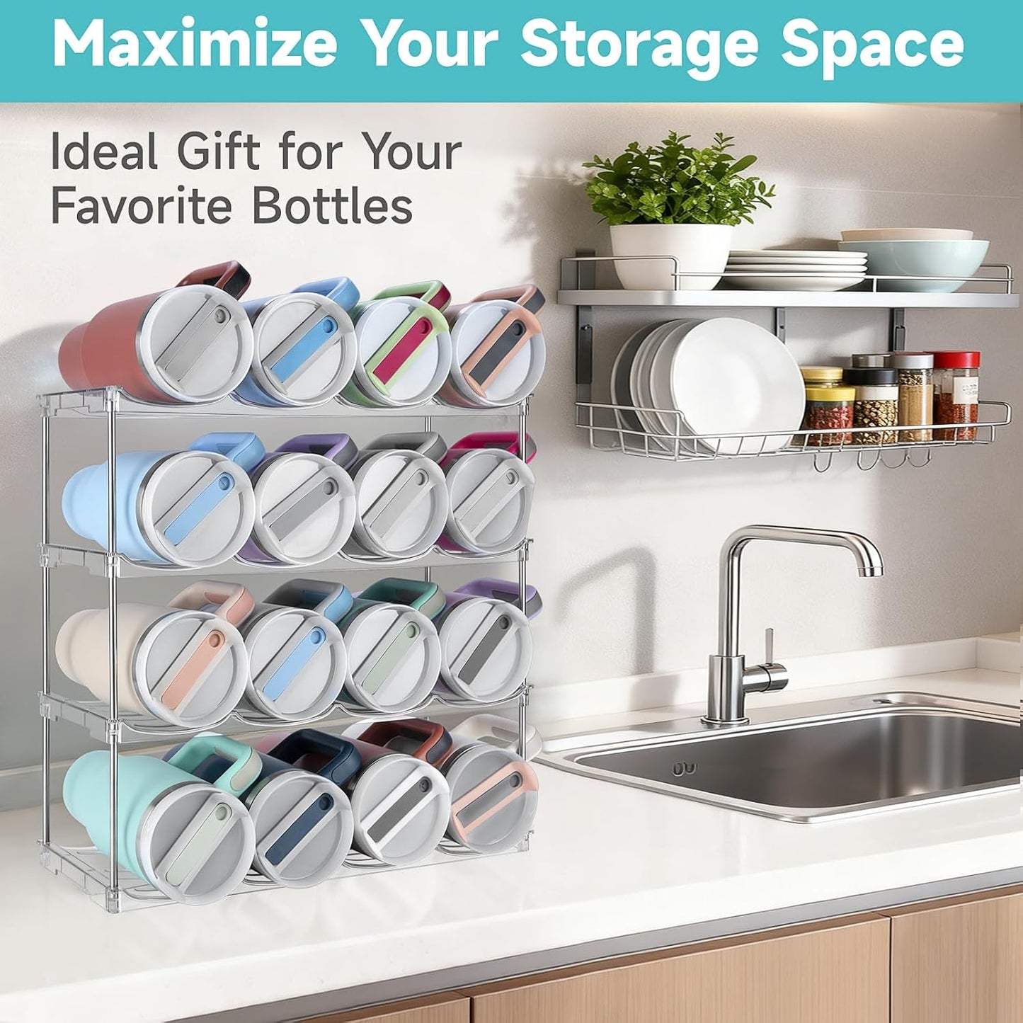 Stackable Water Bottle Organizer, Large Compartment Water Bottle Holder for Stanley 40 oz Tumbler, Kitchen Storage Organizer for Stanley Cup Accessories, Tumbler Organizer Wine Rack - Hold 16 Bottles