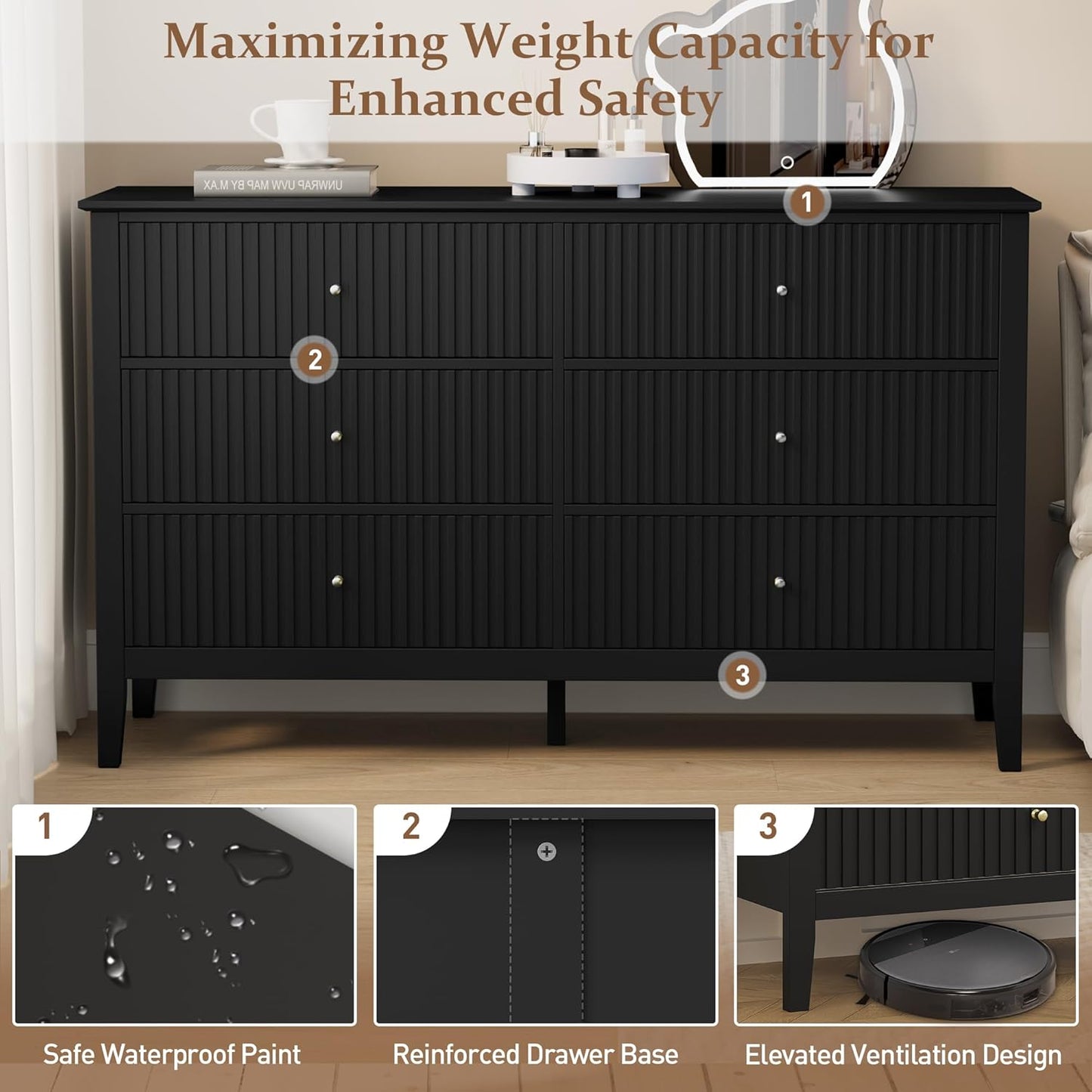 RoyalCraft Black 6 Drawer Dresser Set of 2, Fluted Modern Wood Dresser, Double Chest of Drawers, TV Stand with Storage for Bedroom, Living Room