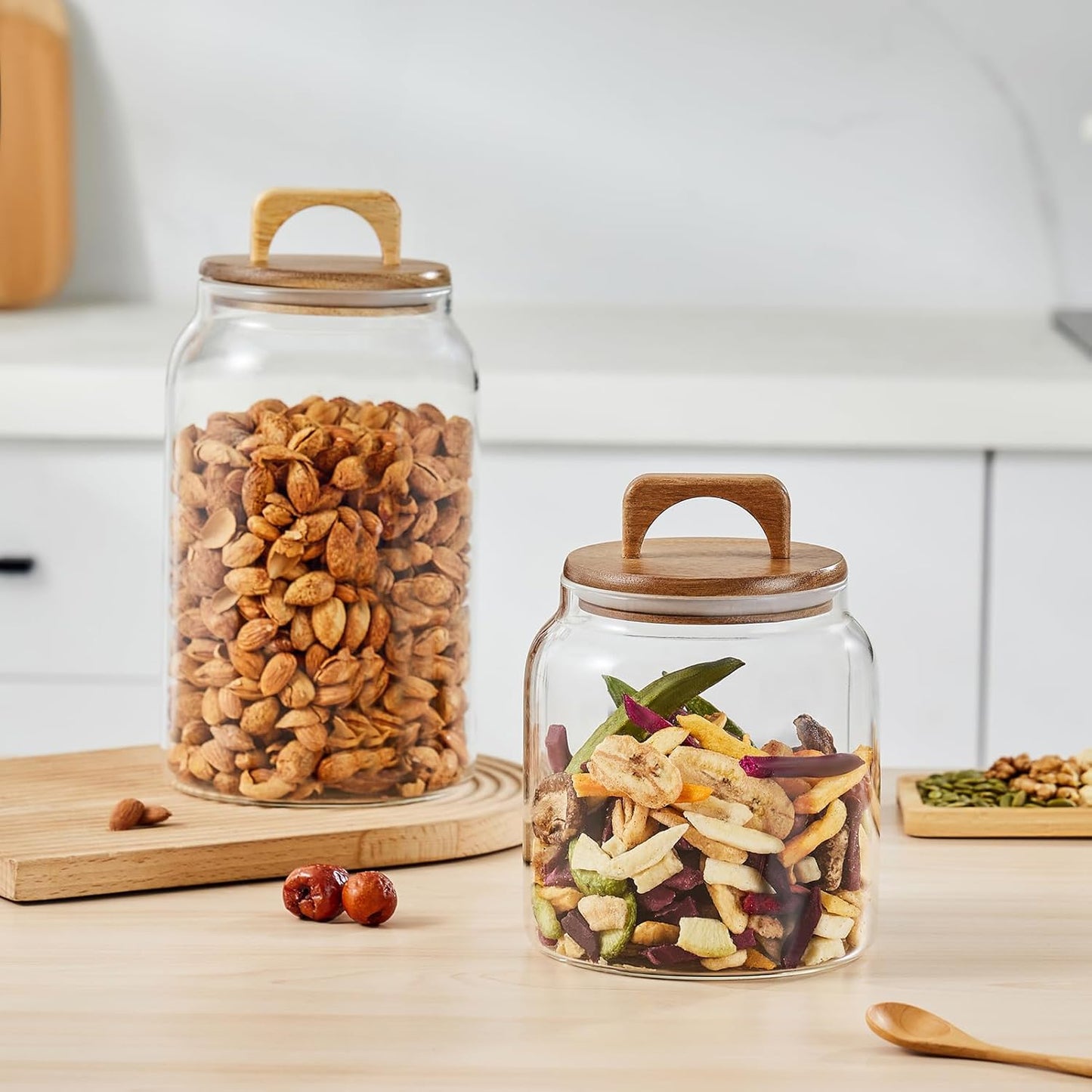 Sweejar Large Glass Candy Jars with Wooden Lids, 1 Gallon Glass Jar with Lid, Sugar/Flour Storage Containers, Big Glass Canisters with Airtight Lid, 2 Pack, Hand Lid