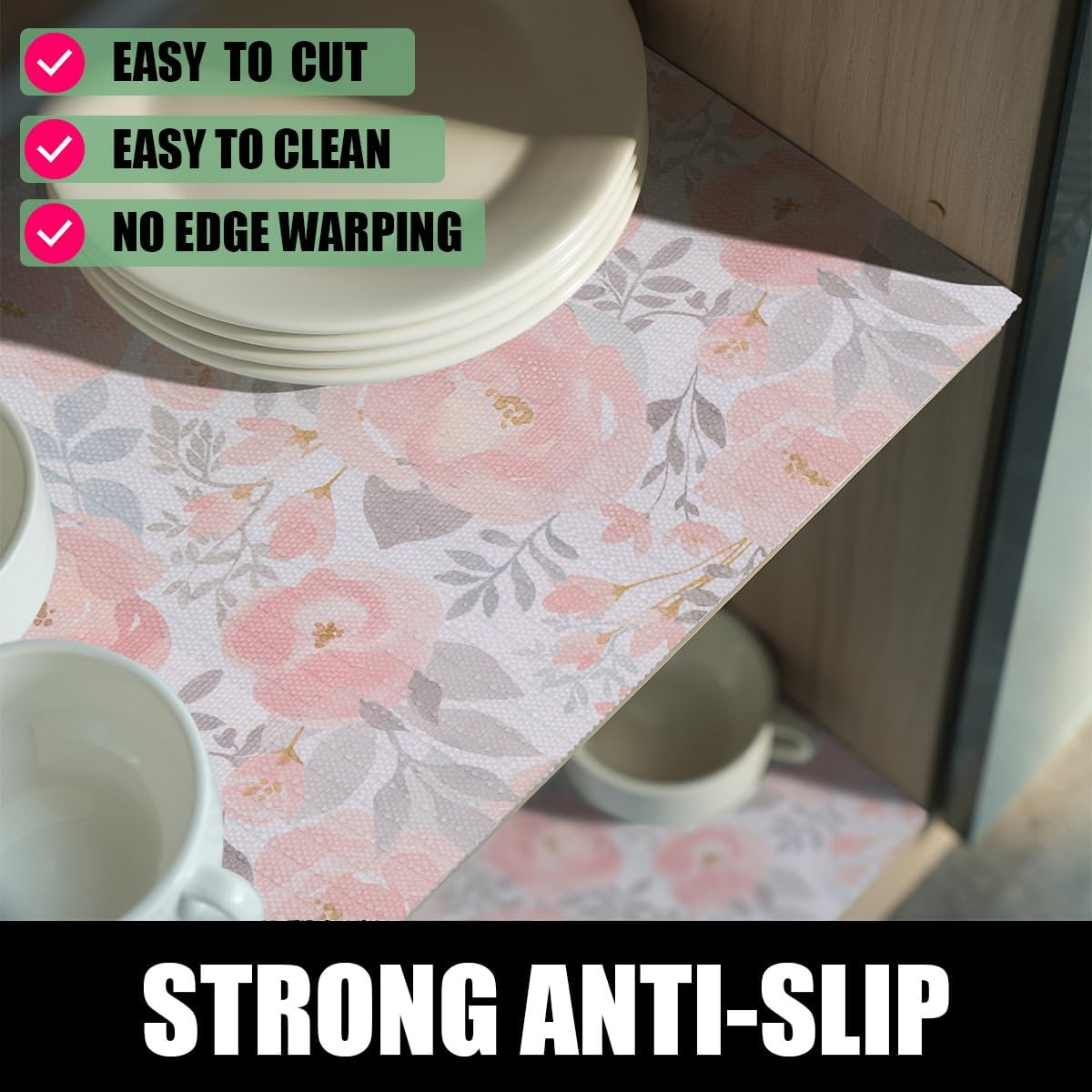 Peony Shelf and Drawer Liner for Kitchen,Non-Adhesive and Strong Non-Slip Floral Cabinet Drawer Liners for Kitchen Shelf, Waterproof Cupboard Liners,Easy to Clean,12IN x 10FT