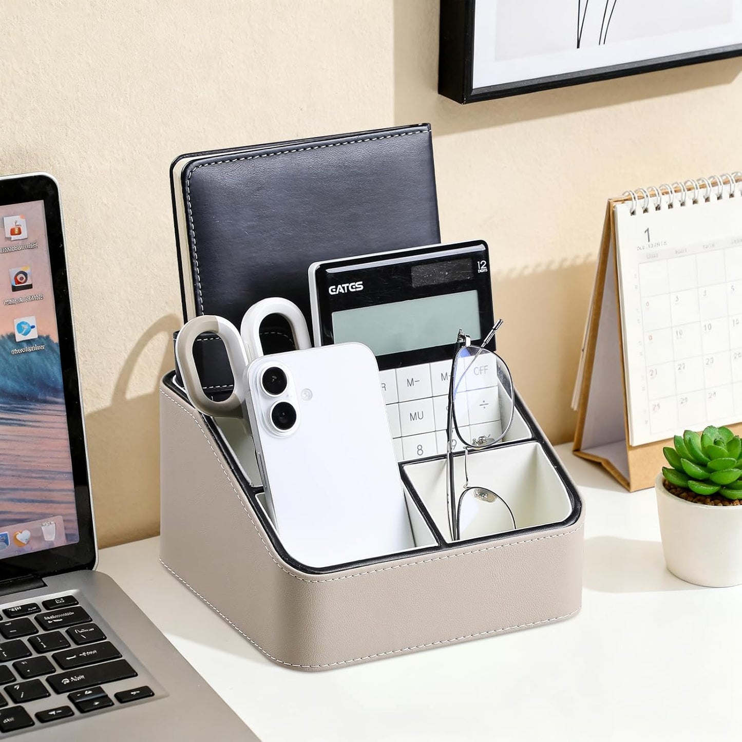 Remote Control Holder, PU Leather Small Desk Organizer with 4 Compartments, Nightstand Organizer Desk Caddy for Remote, Notepad, Phone, Glasses, and Accessories (Beige)