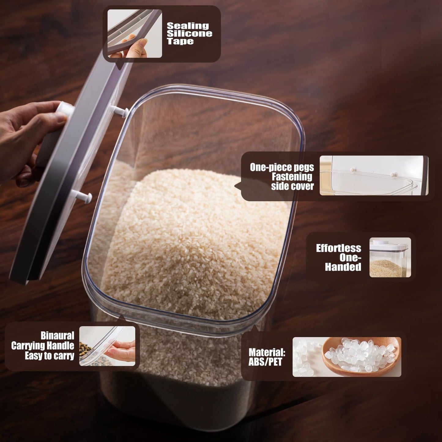 Rice Container - 25 Lbs/12KG/12L Rice Dispenser Storage with Measuring Cup Food Cereal Container Bins Pet Food Container Household for Kitchen Pantry Organization,White