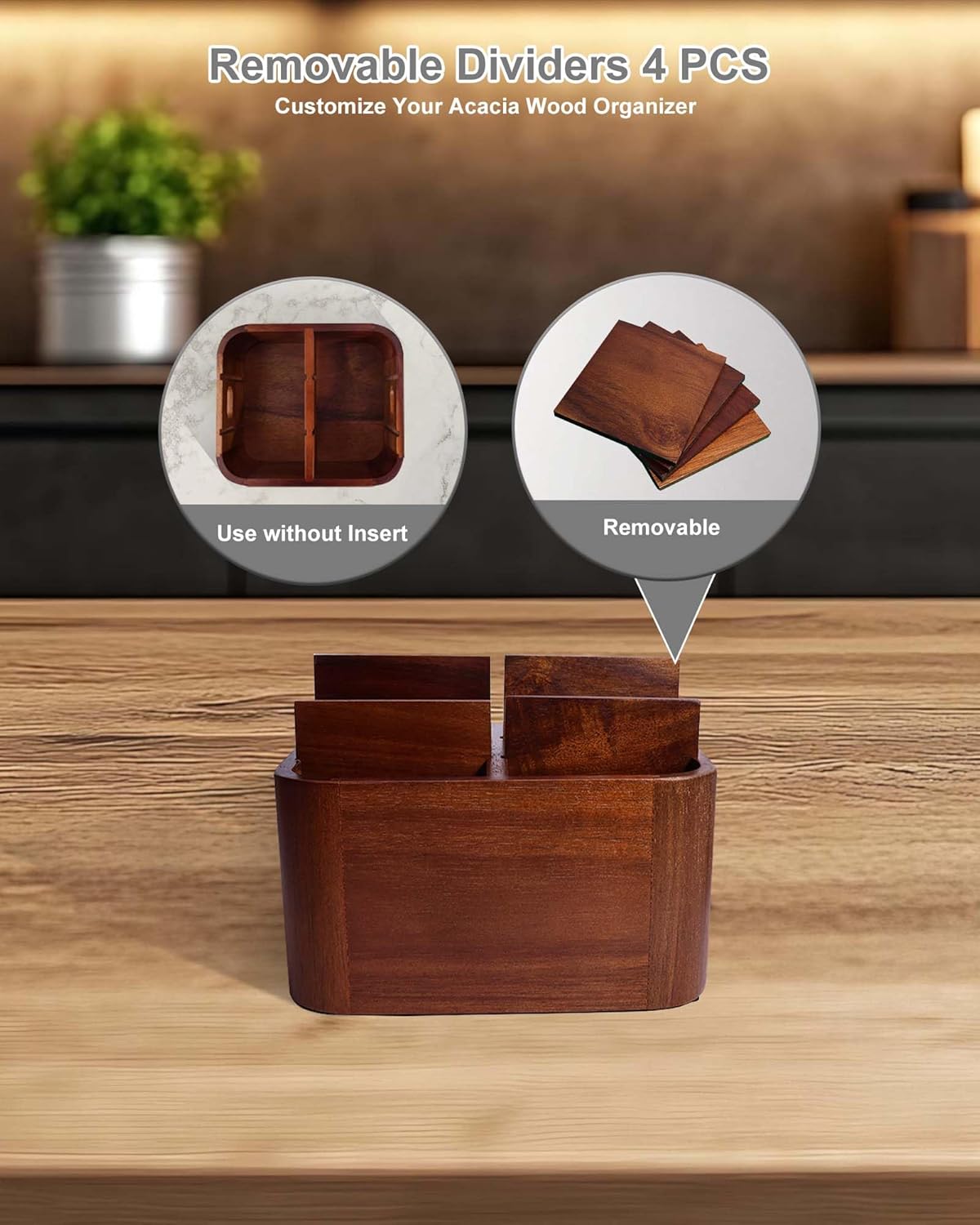 LYNG Acacia Wood Remote Control Holder Caddy, Solid Wood Organizer with 4 Adjustable Dividers & Handle, Remote Organizer for Coffee Table & Living Room