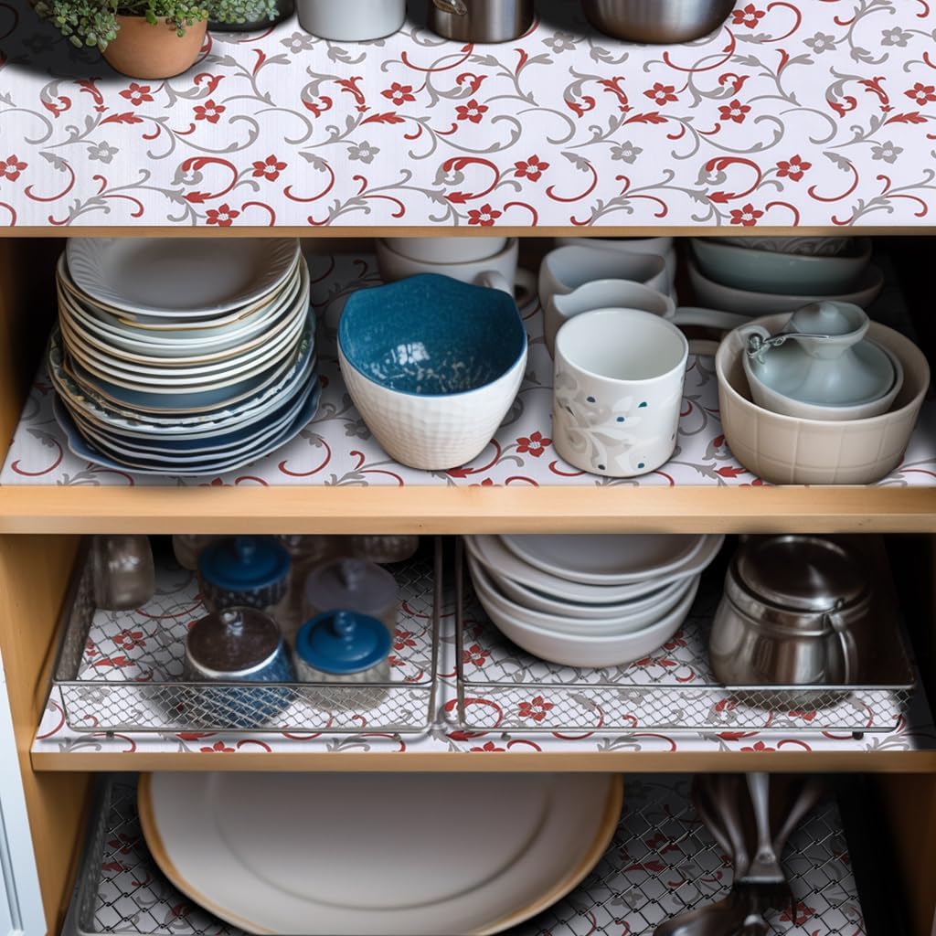 18" W x 96" L Floral Drawer and Shelf Liner for Cabinets, Non-Adhesive Strong Grip Non-Slip Flower Shelf Cabinet Kitchen Shelf Liners for Kitchen Cabinets