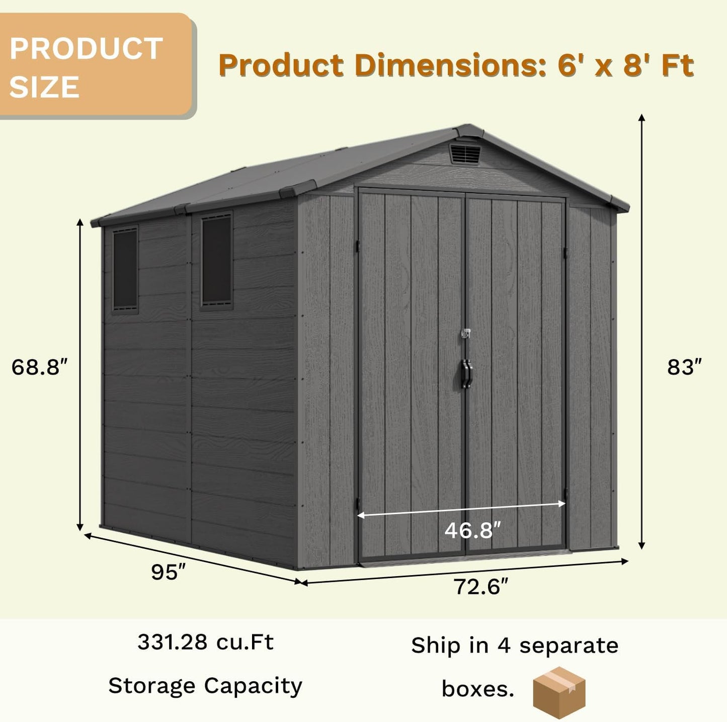 Devoko 6x8 Ft Outdoor Storage Shed - Lockable Resin Tool Shed with Window & Floor - Easy Assembly for Garden, Backyard, Dark Gray