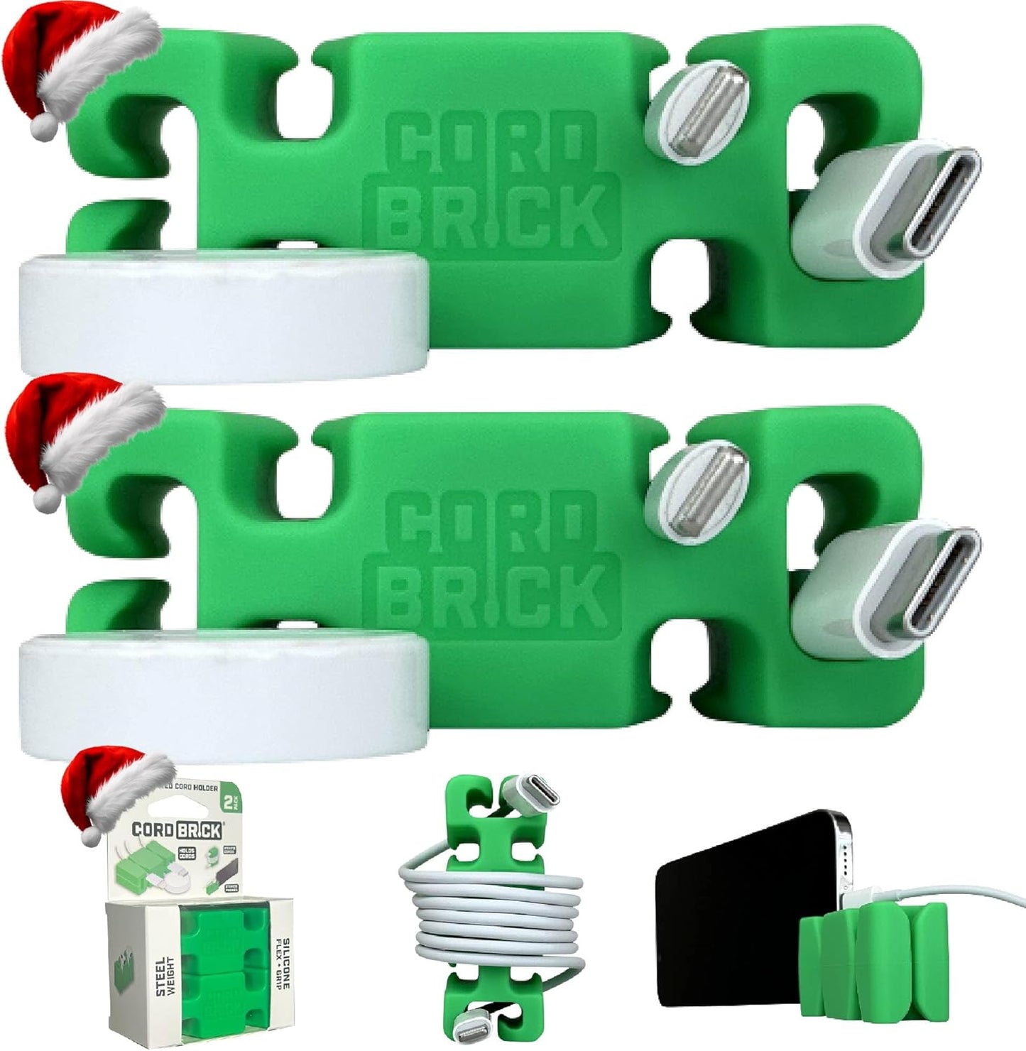 CordBrick Stocking Stuffers for Adults Cord Management Weighted Cord Holder Cable Wrap Phone Stand - Multiuse Gadget Organizer for Nightstand, Desk. Gift for Men, Durable Silicone. 2pk Green